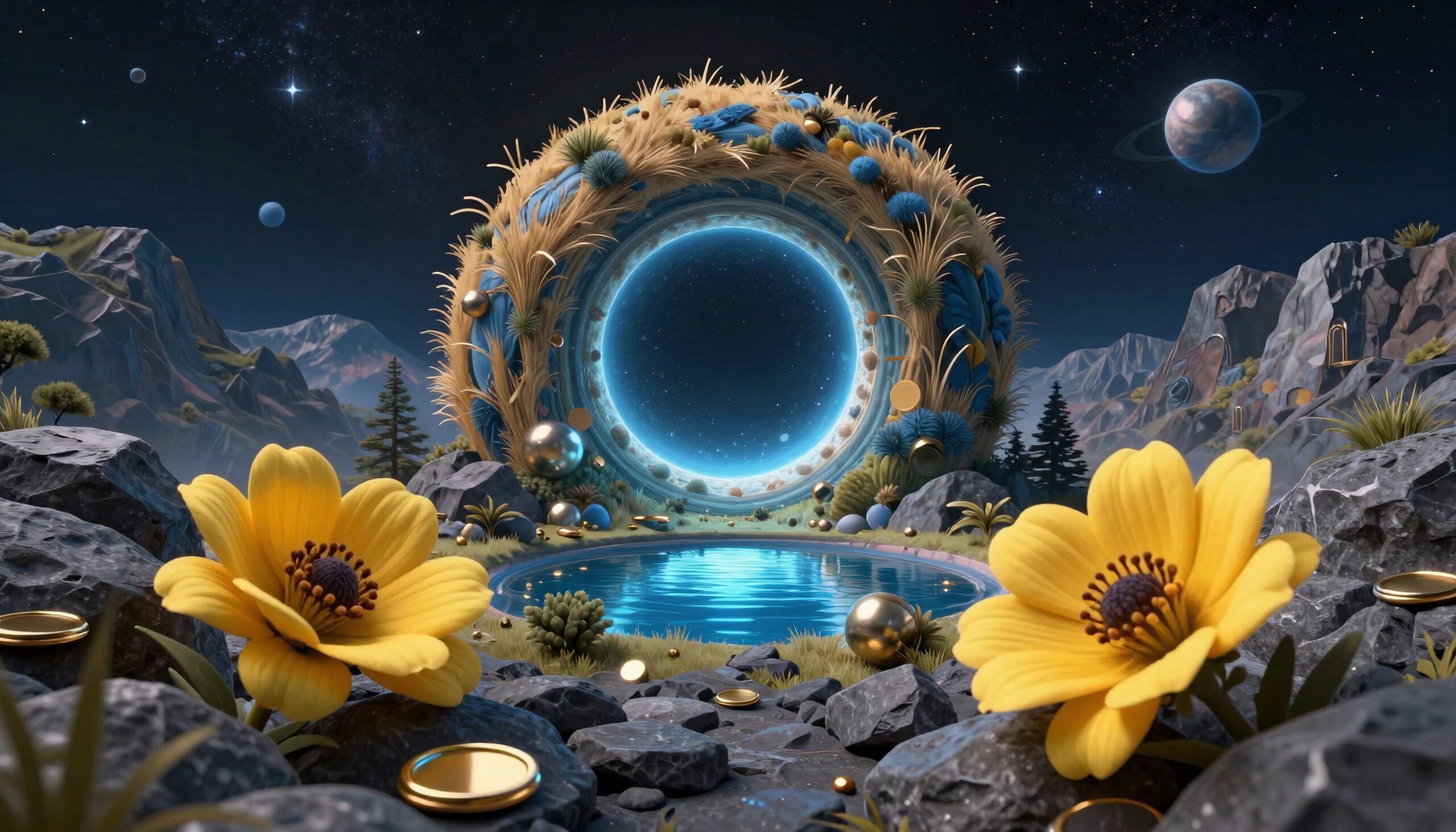 Vibrant flowers and cosmic portal in a sci-fi landscape.