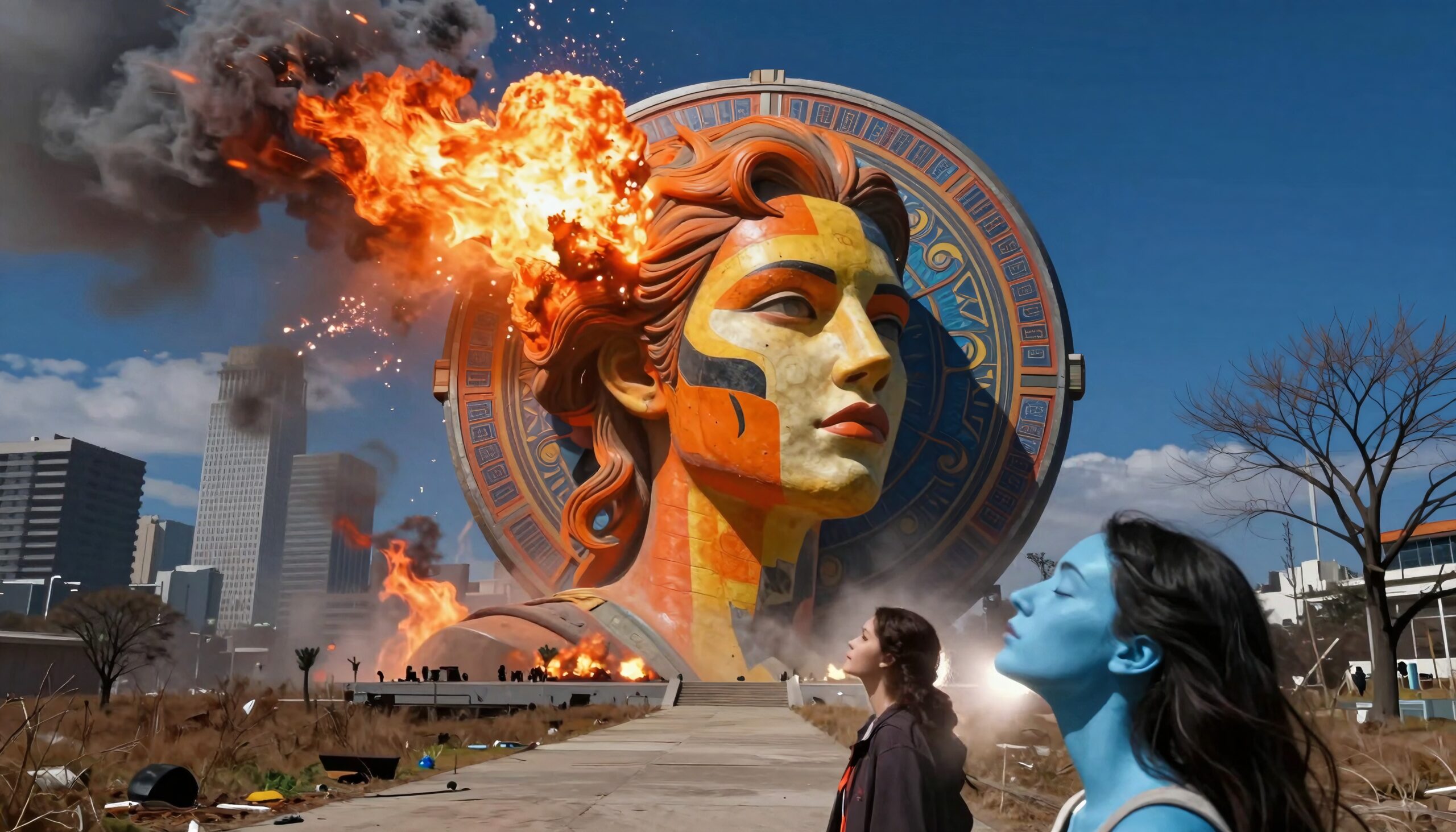Massive sculpture and explosion in city setting.