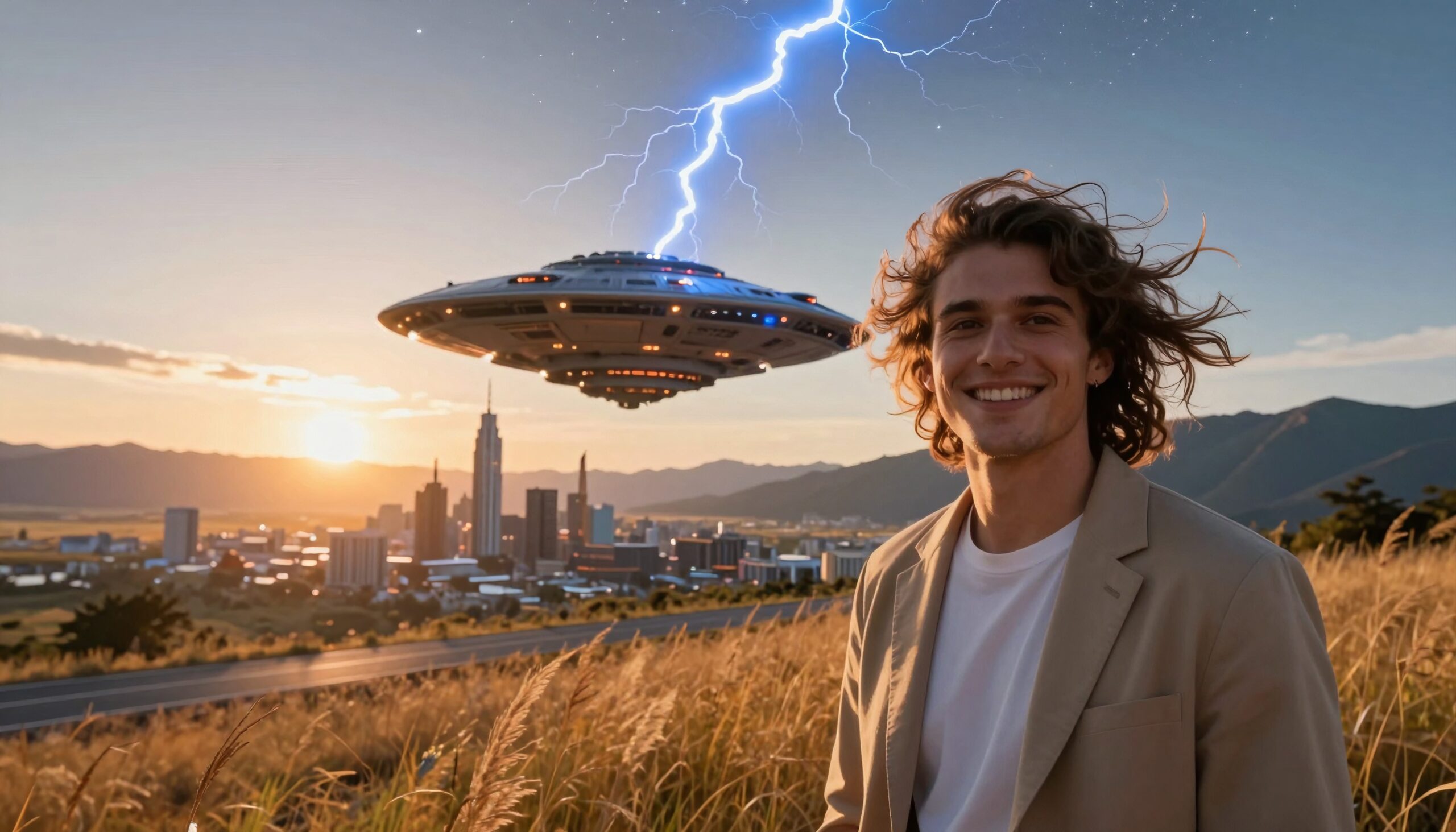A person smiling in a field with a UFO and lightning over a city at sunset.