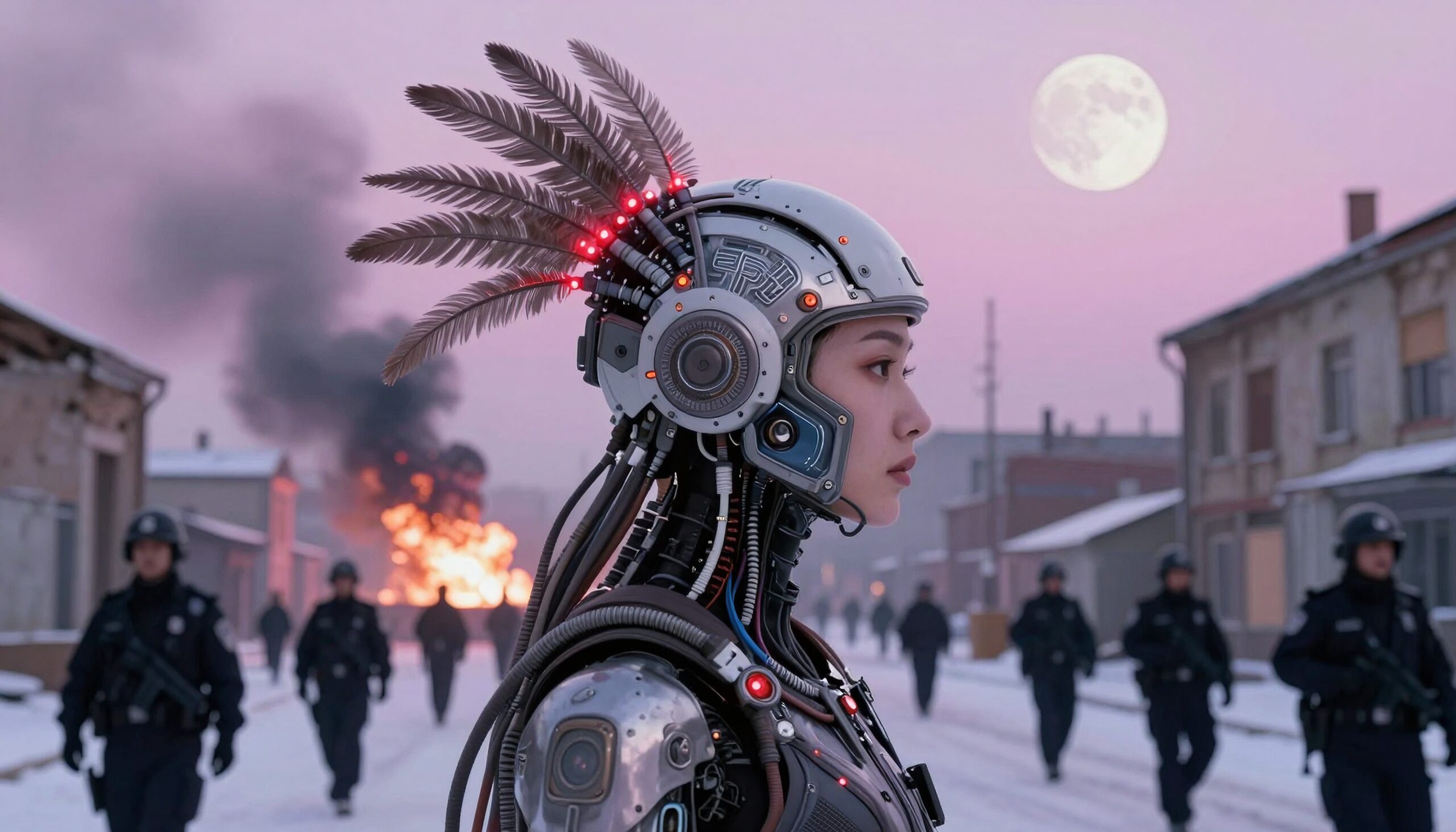 Futuristic humanoid robot in snowy urban landscape with moon.