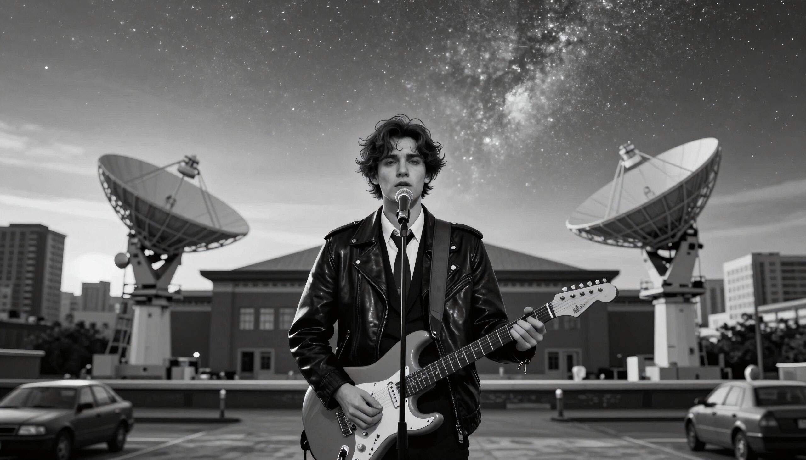 A musician performs on a rooftop with satellite dishes and a starry sky in black and white.