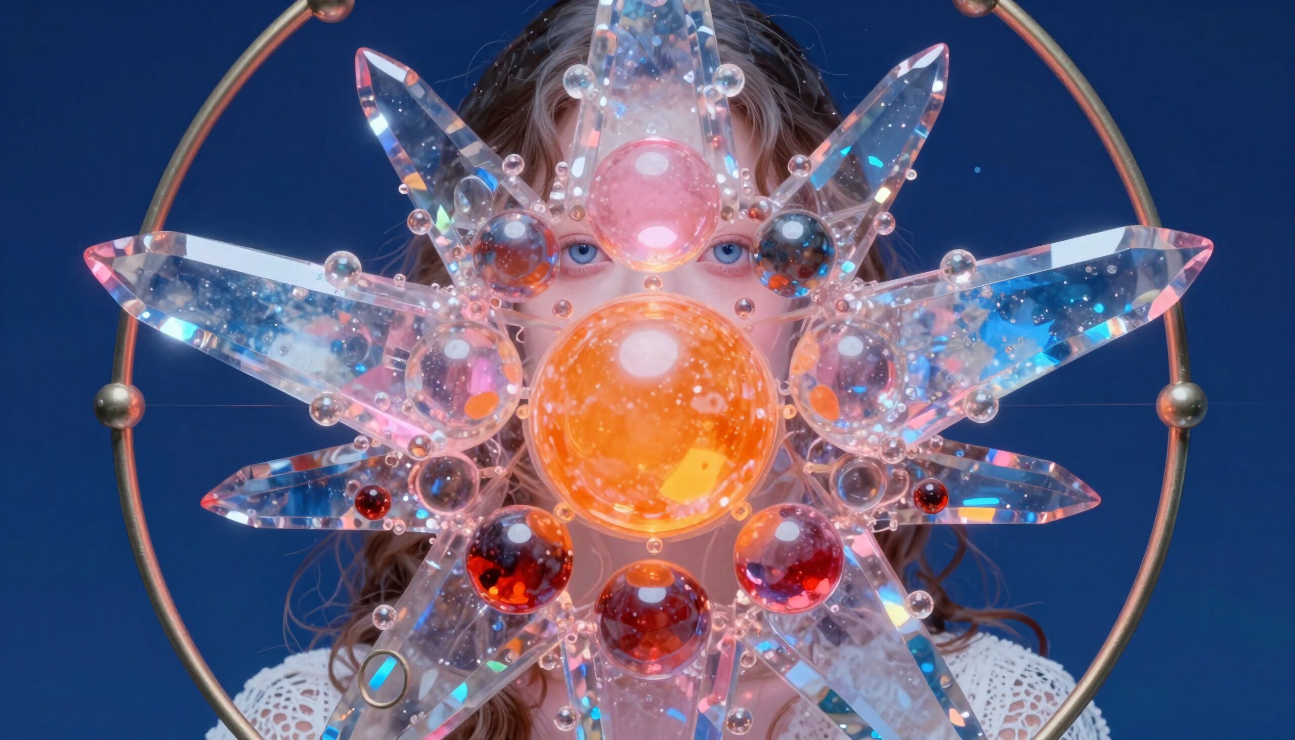 A person behind a colorful, intricate crystal starburst design against a deep blue background.