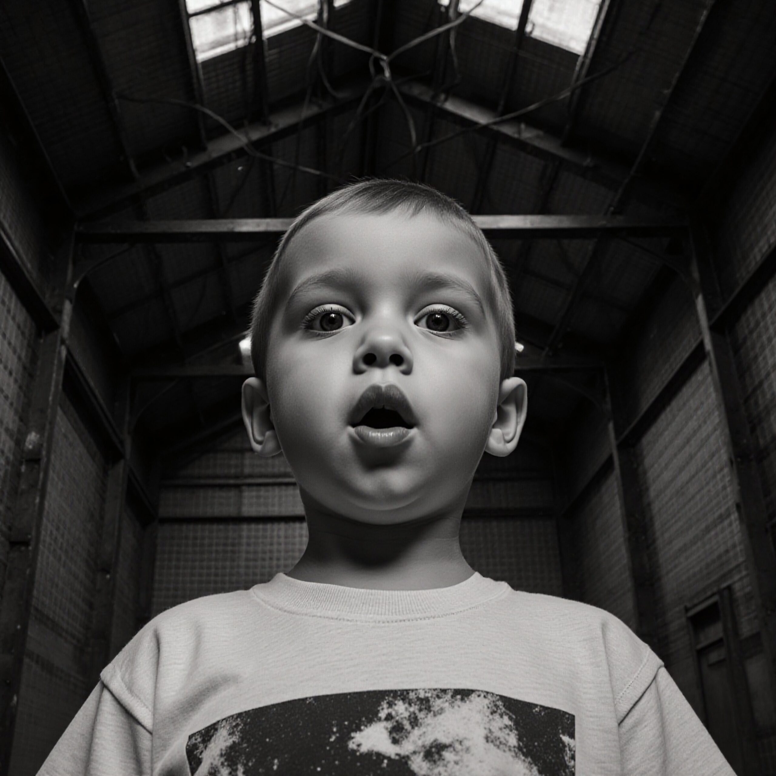 A young boy looks upward in a black and white indoor portrait, with wide eyes and a curious expression, set in a building with high ceilings.