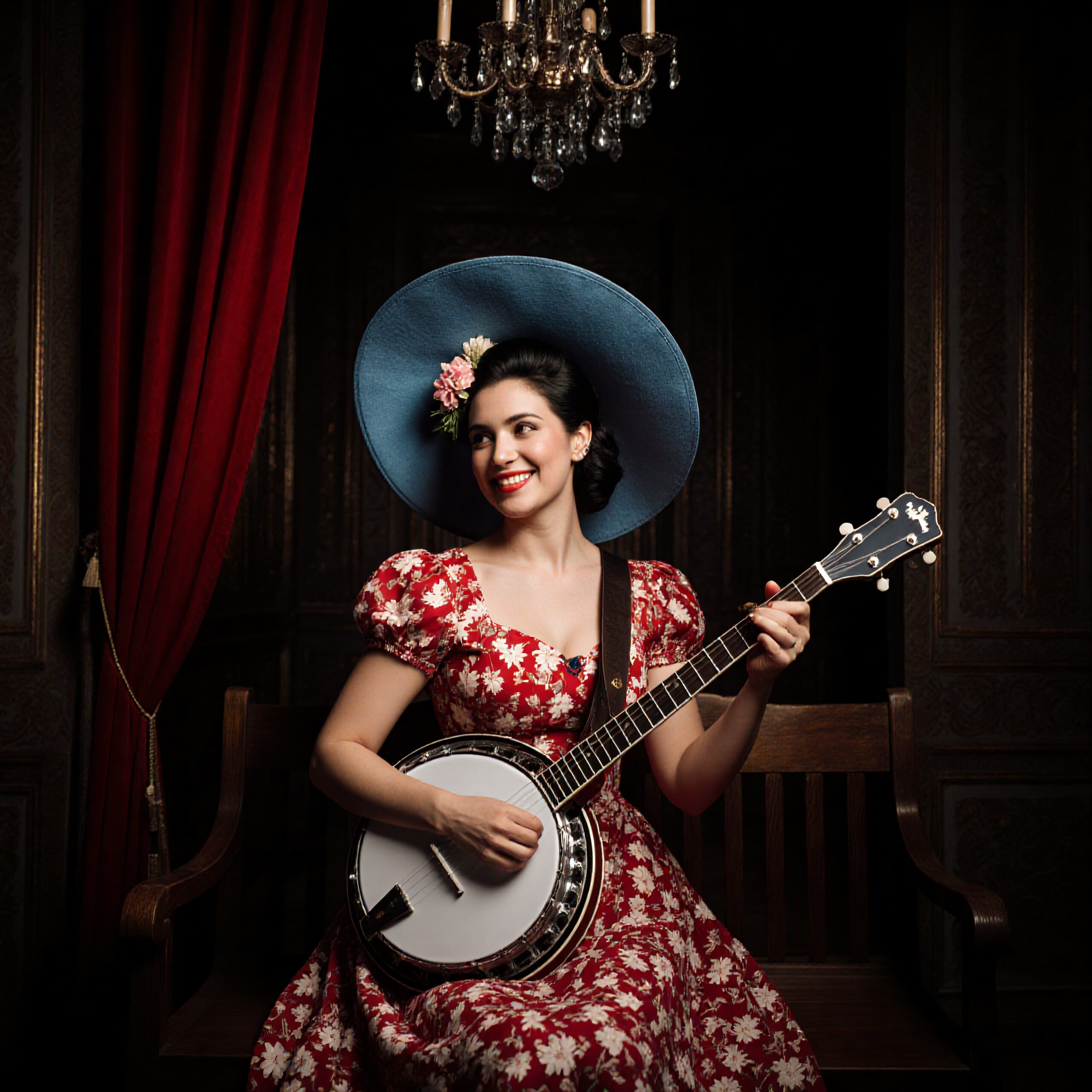 Woman playing banjo in vintage floral dress.