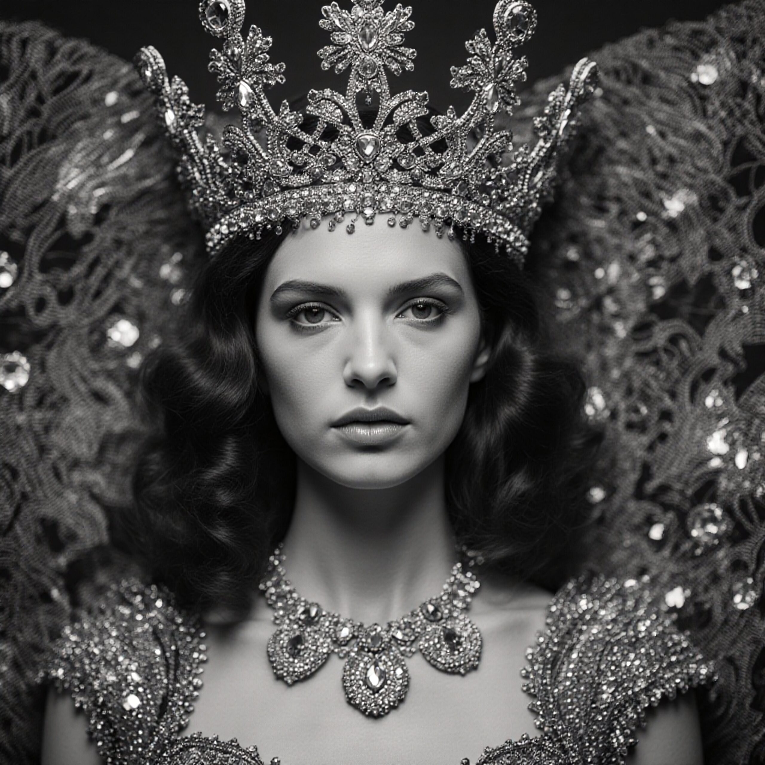 Regal woman in intricate jeweled crown portrait.