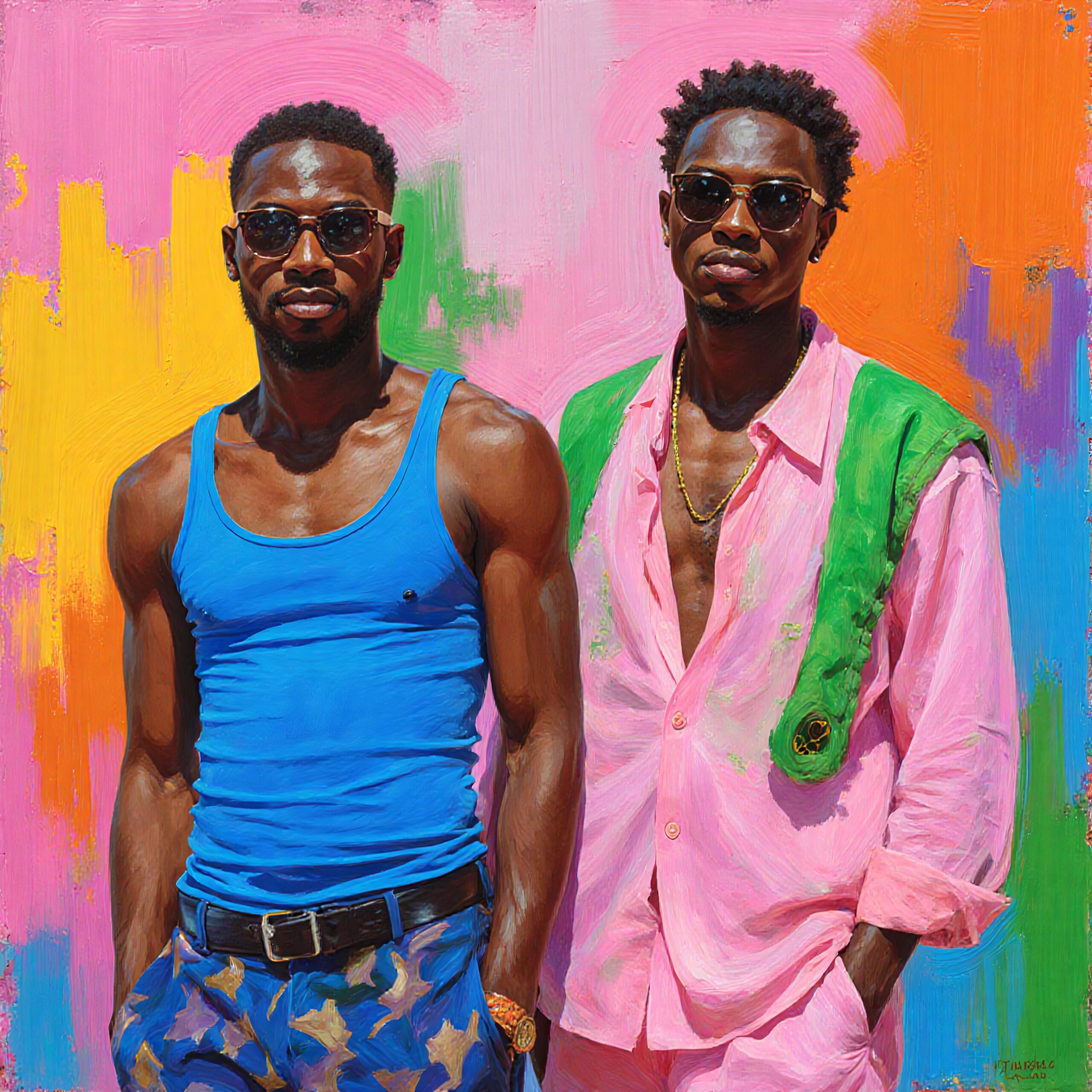 Two stylish men against colorful background.