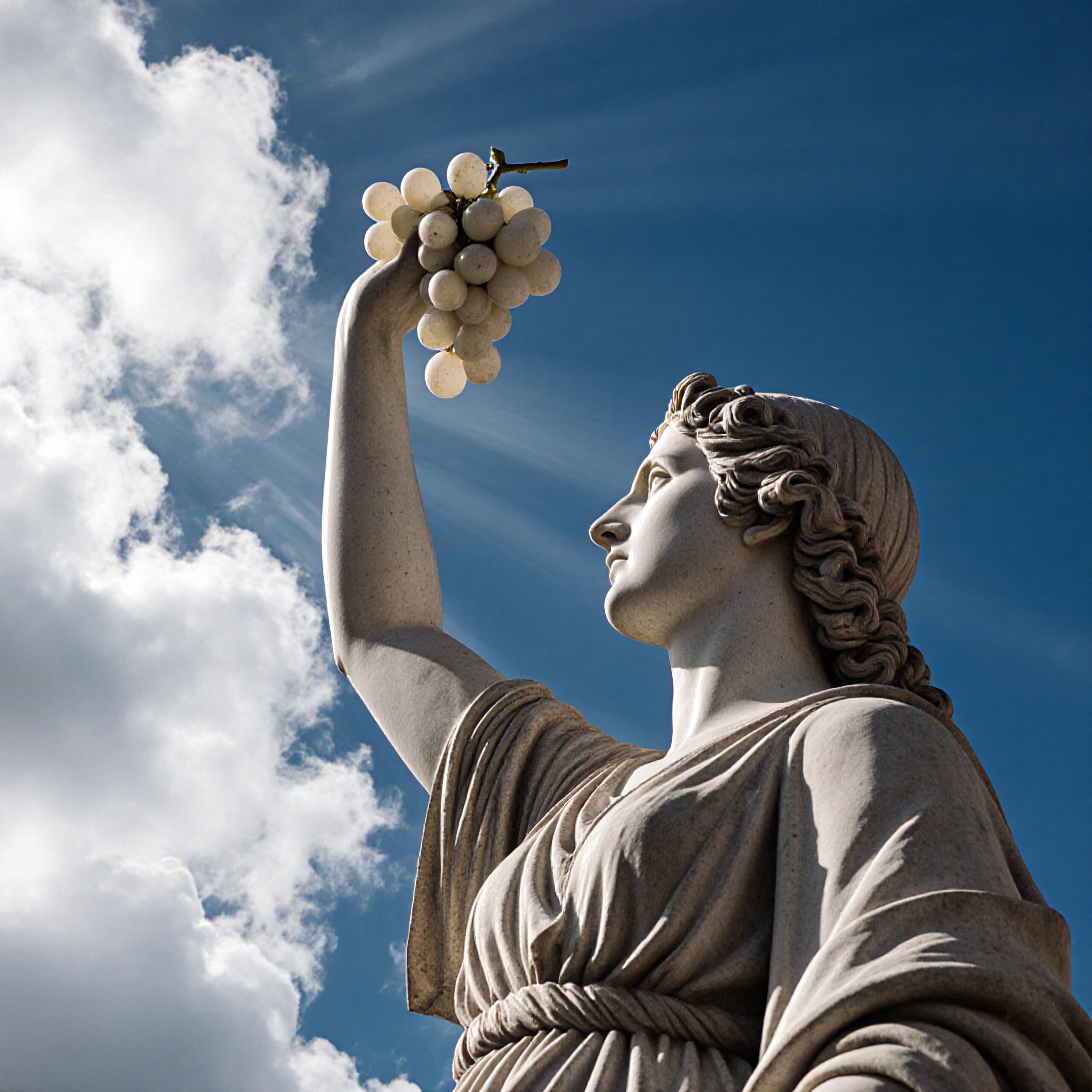 A stone statue of a woman holding grapes against a blue sky with clouds, symbolizing abundance and grace.