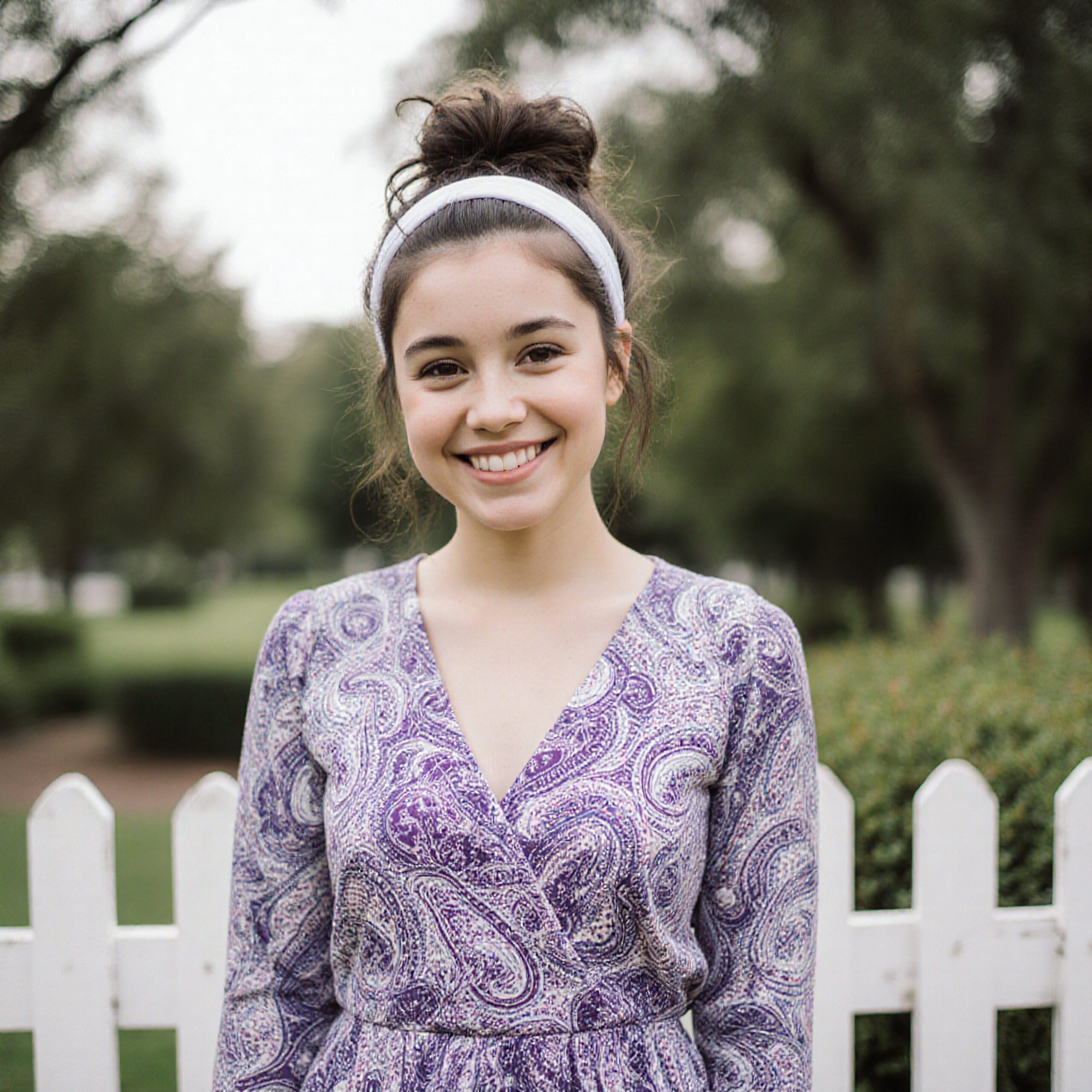 Young woman smiling outdoors in a paisley dress.