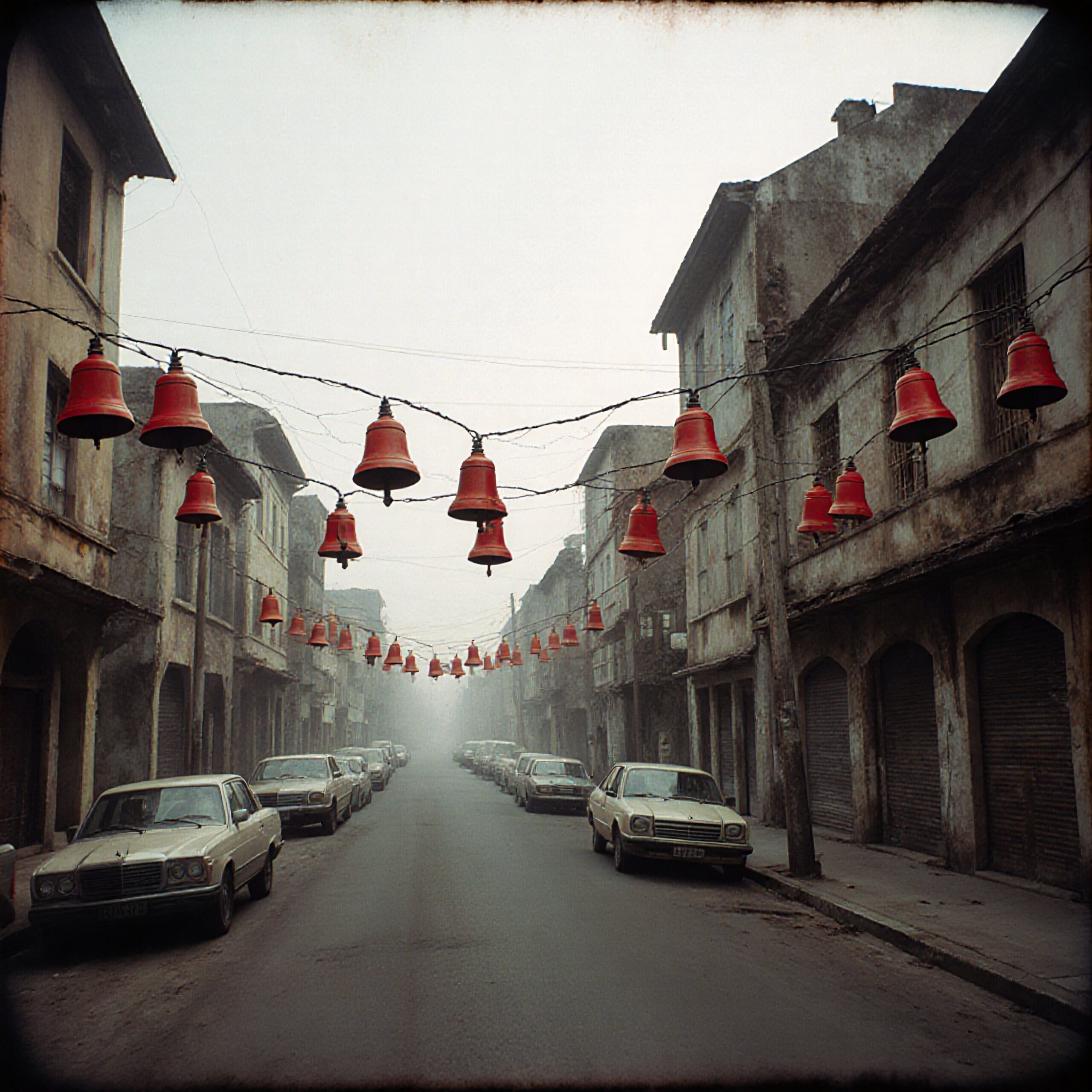 Deserted street with red bells overhead.