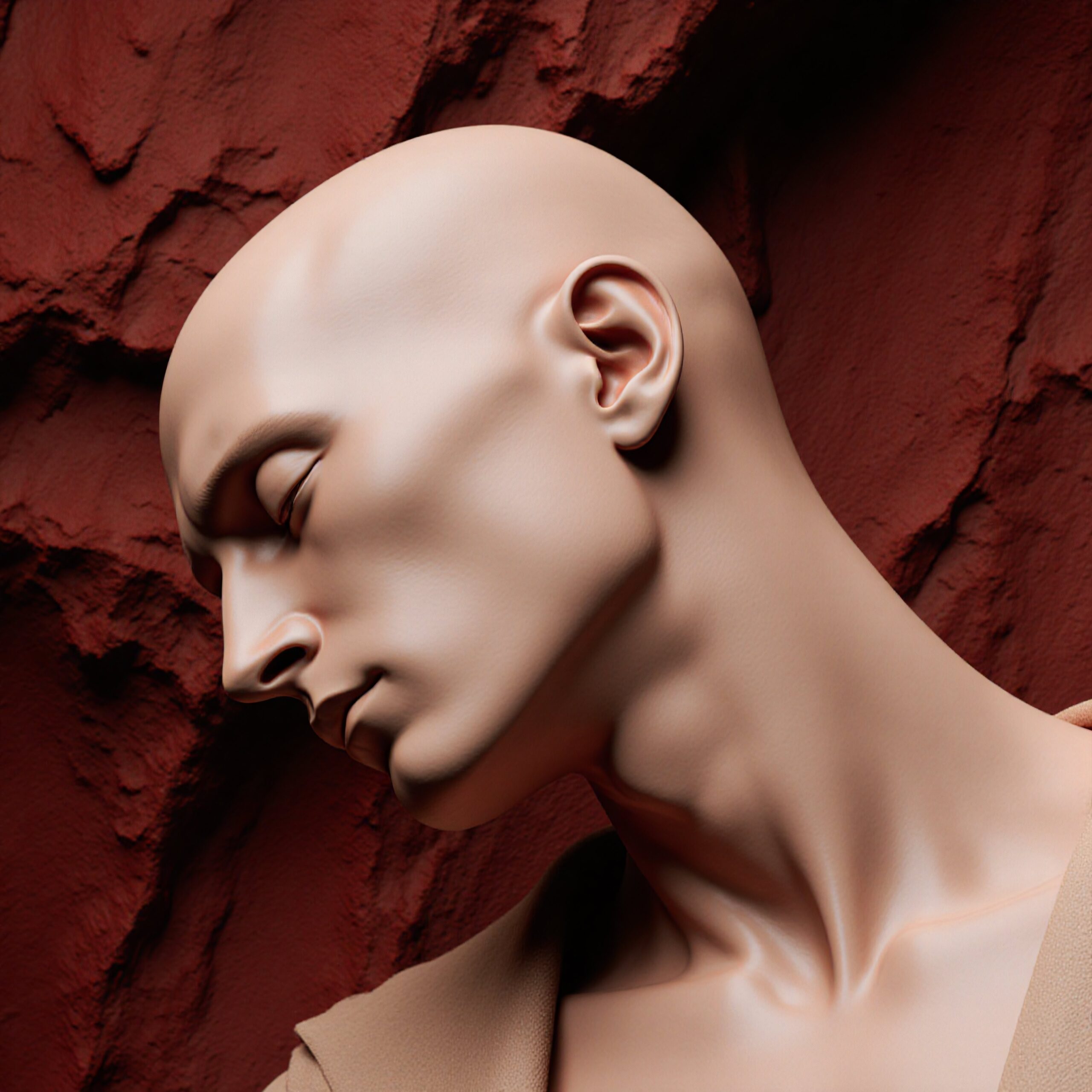 Abstract sculpture of a bald figure with closed eyes set against a textured, reddish-brown background.