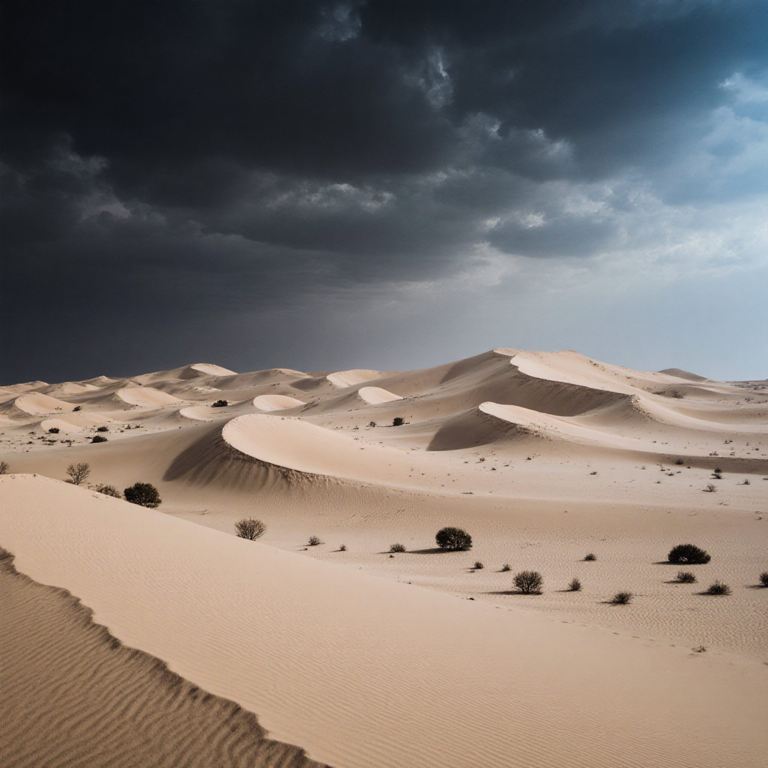 Expansive desert dunes under looming storm clouds.