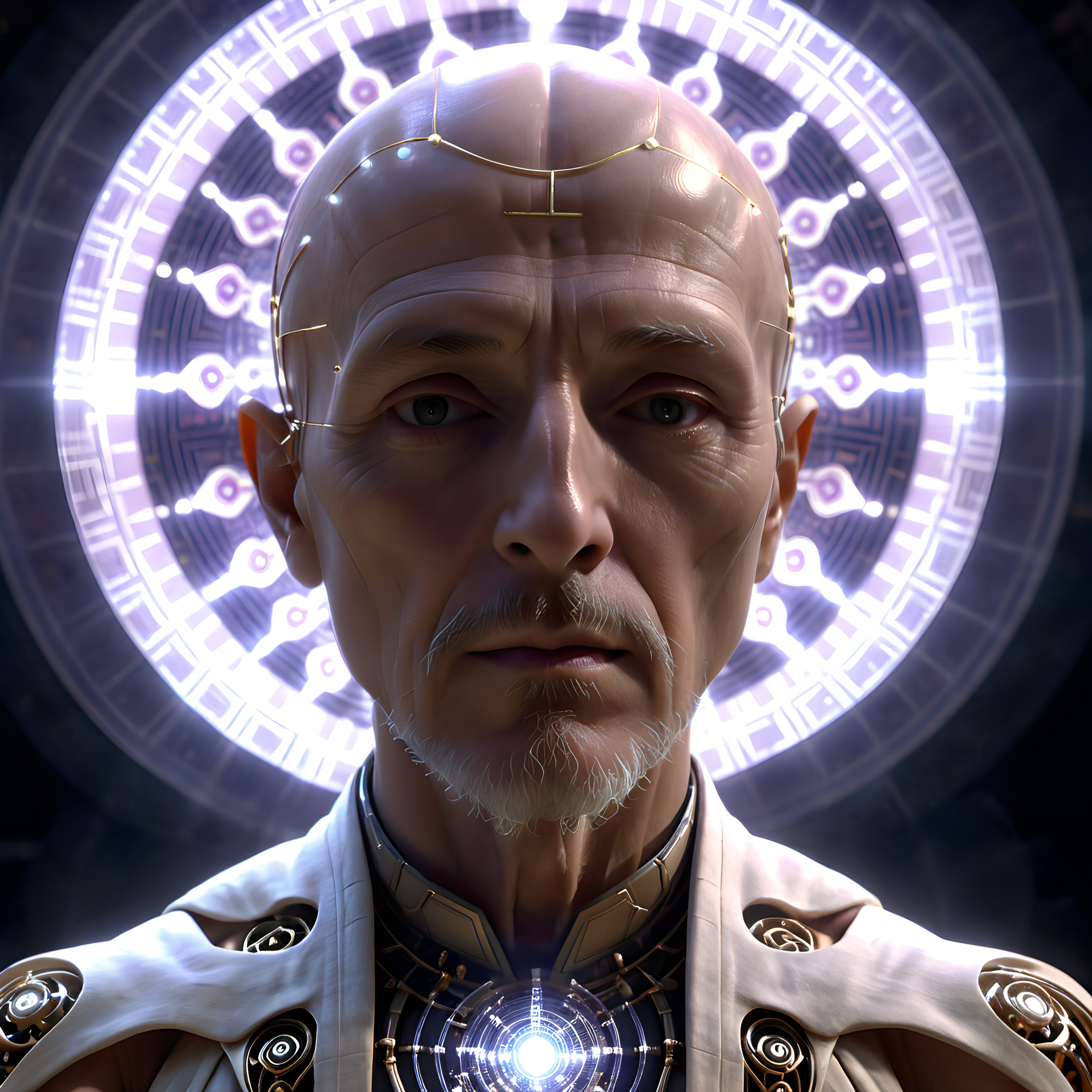 A futuristic man with mechanical enhancements and a glowing halo.