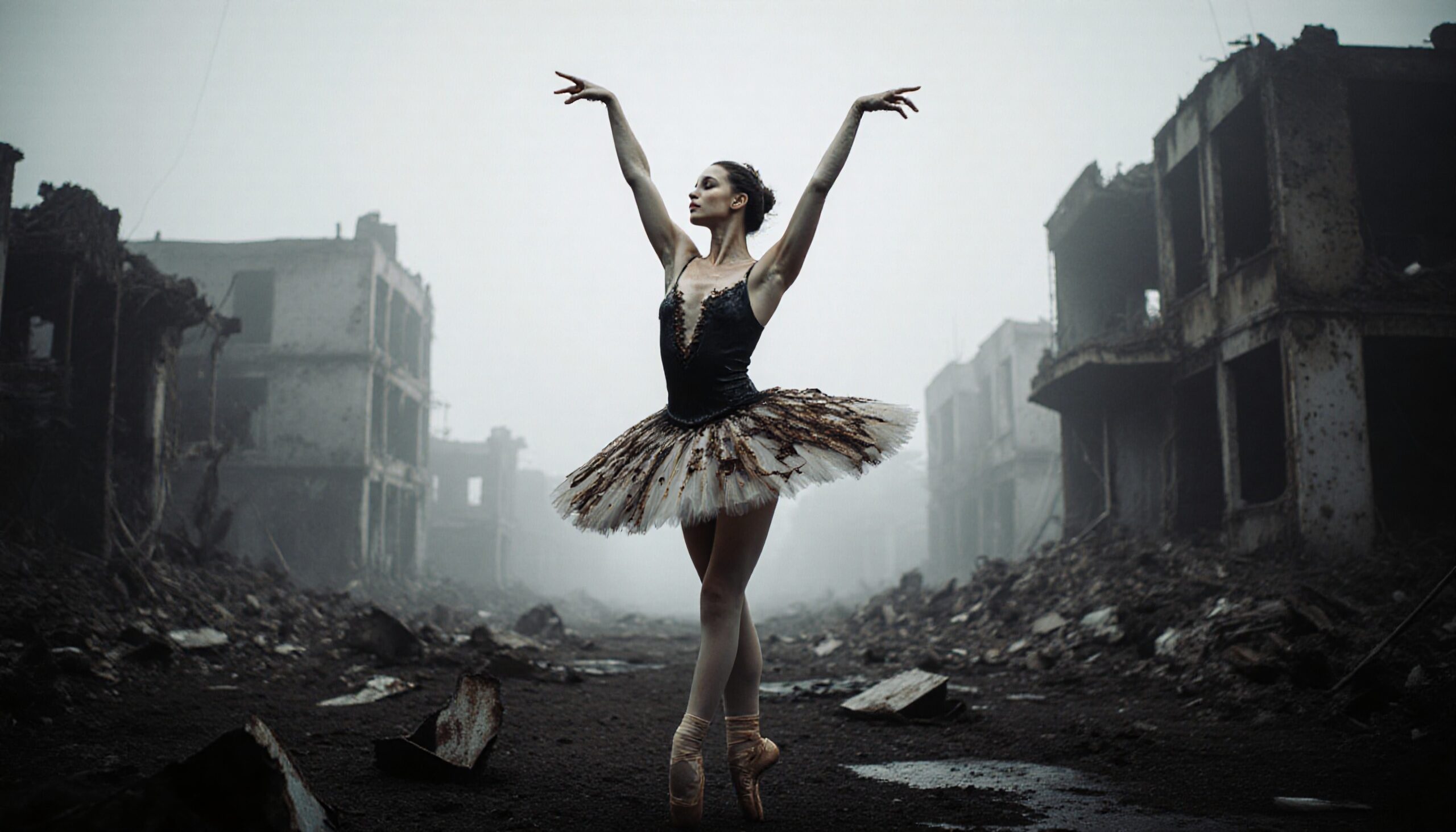 Ballerina in ruins, standing gracefully amidst destruction.