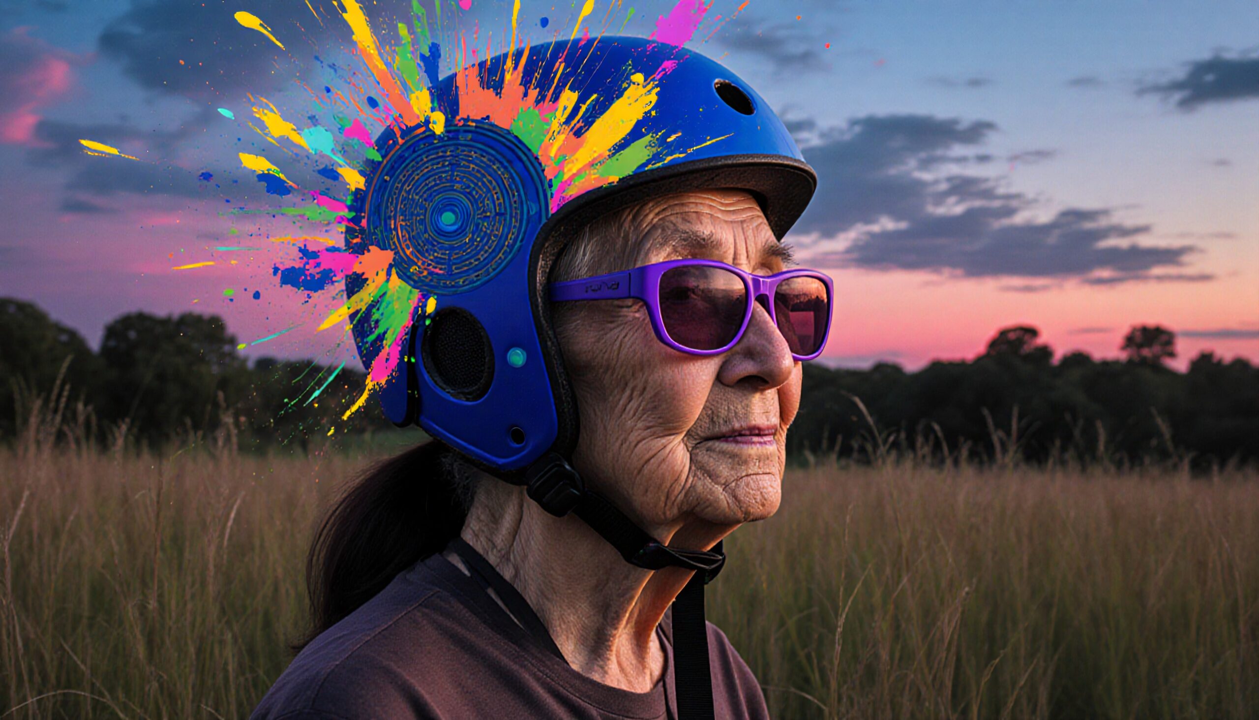Elderly woman in helmet with colorful paint splatter at sunset.