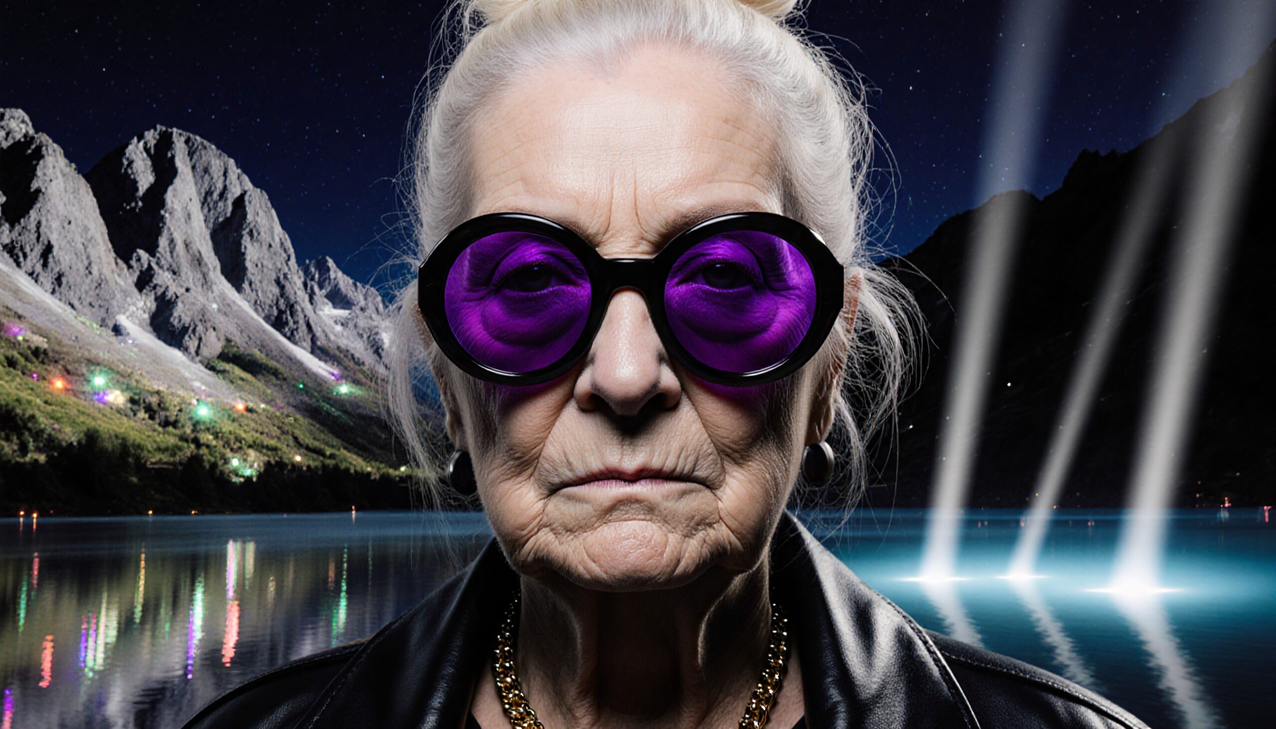 Elderly woman wearing purple sunglasses at night with mountains and bright lights in background.