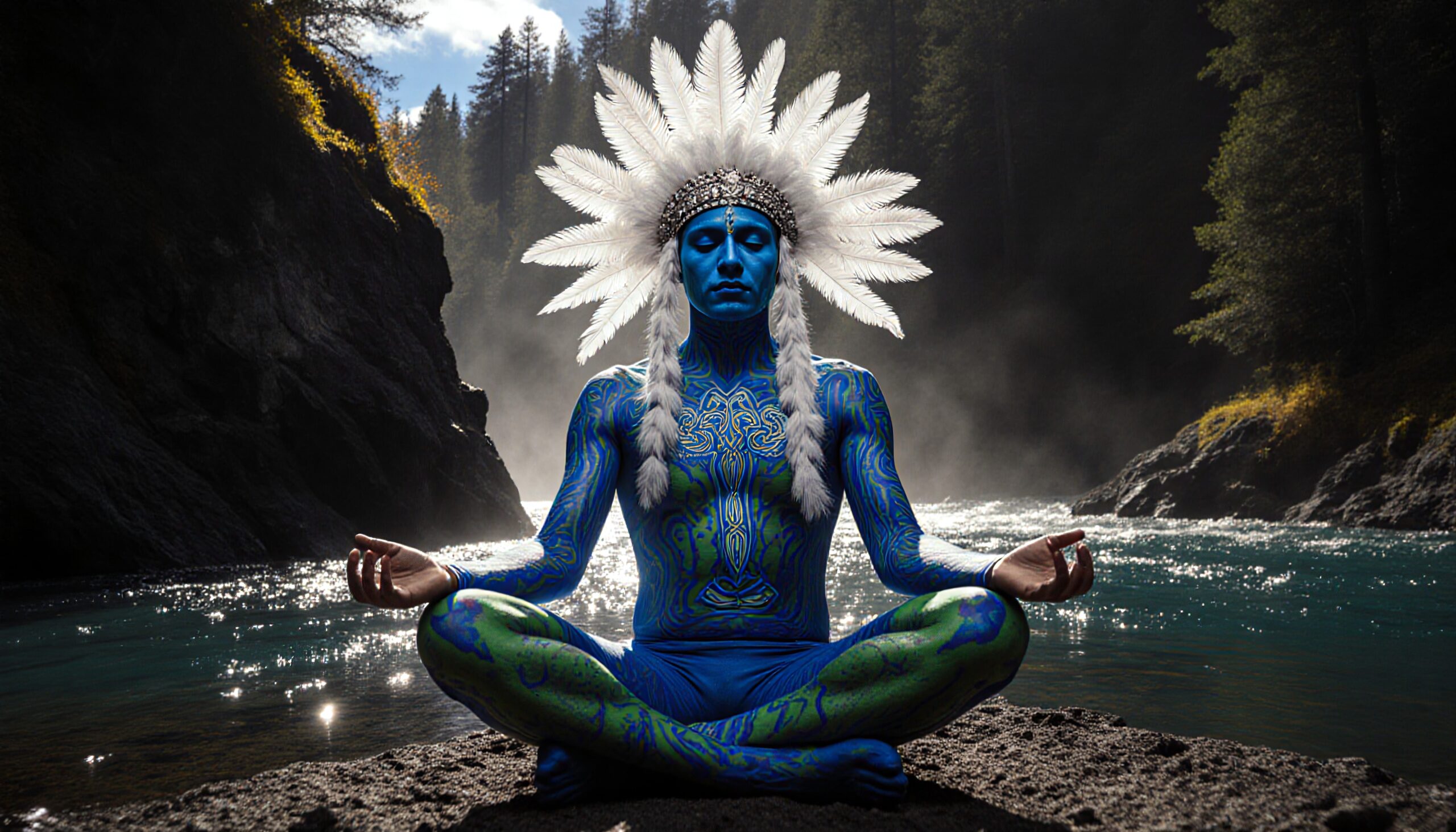 A person meditates by a forest river with blue body paint and feather headdress.