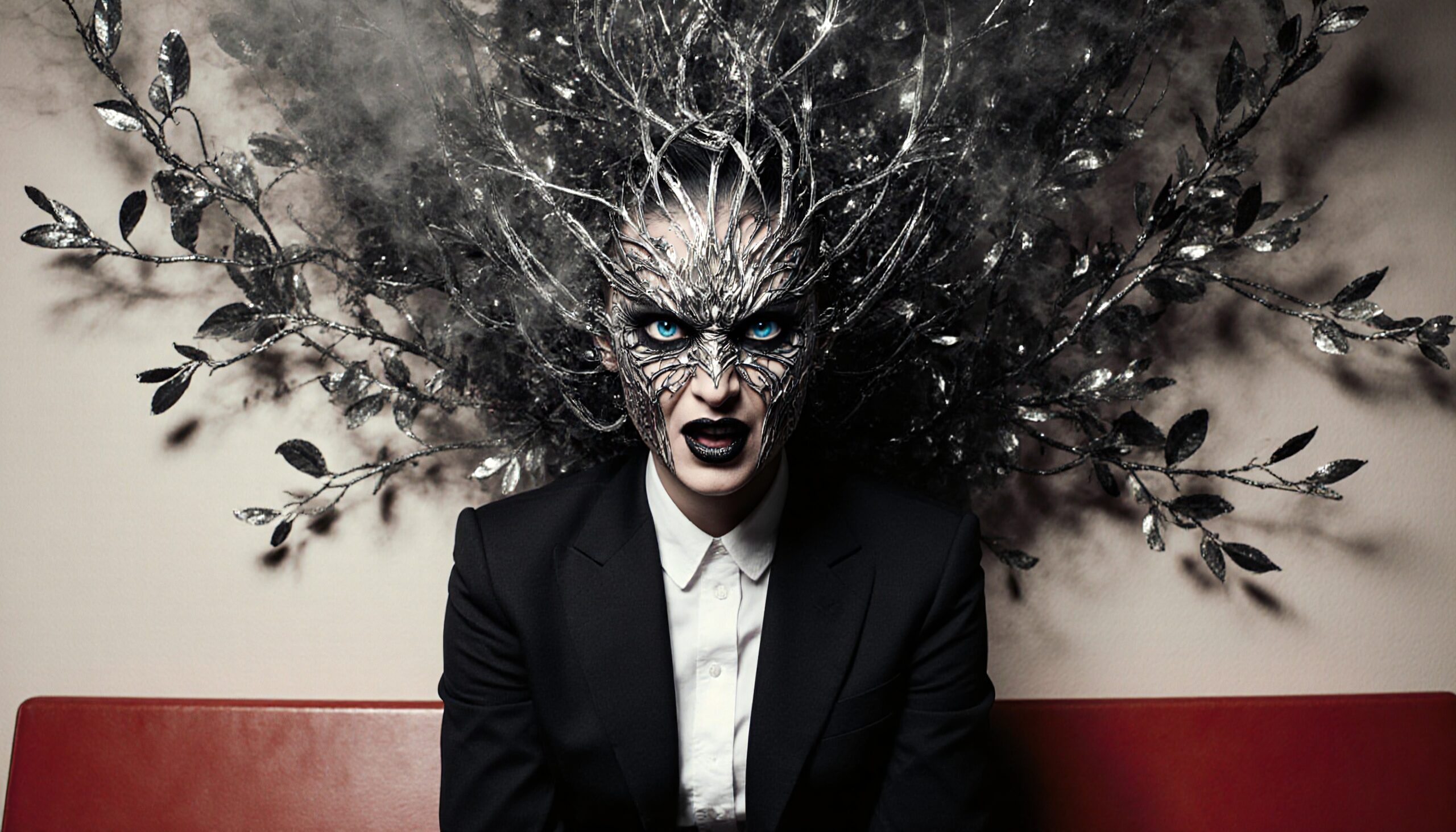 A person with a metallic mask and branch headpiece seated dramatically.