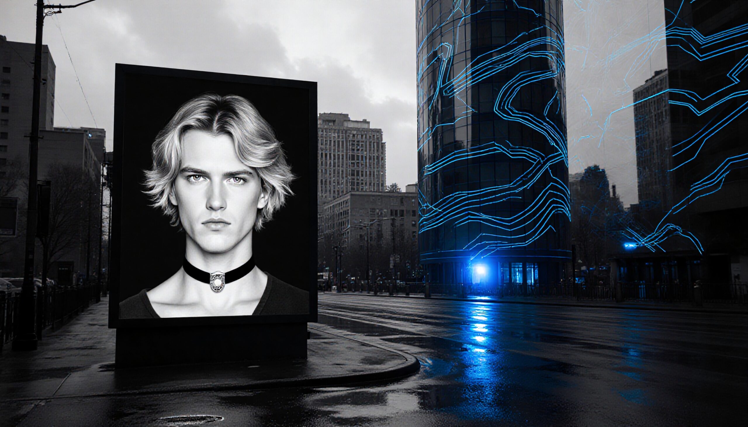A futuristic cityscape featuring a prominent black and white portrait on a billboard amidst glowing buildings and wet streets.