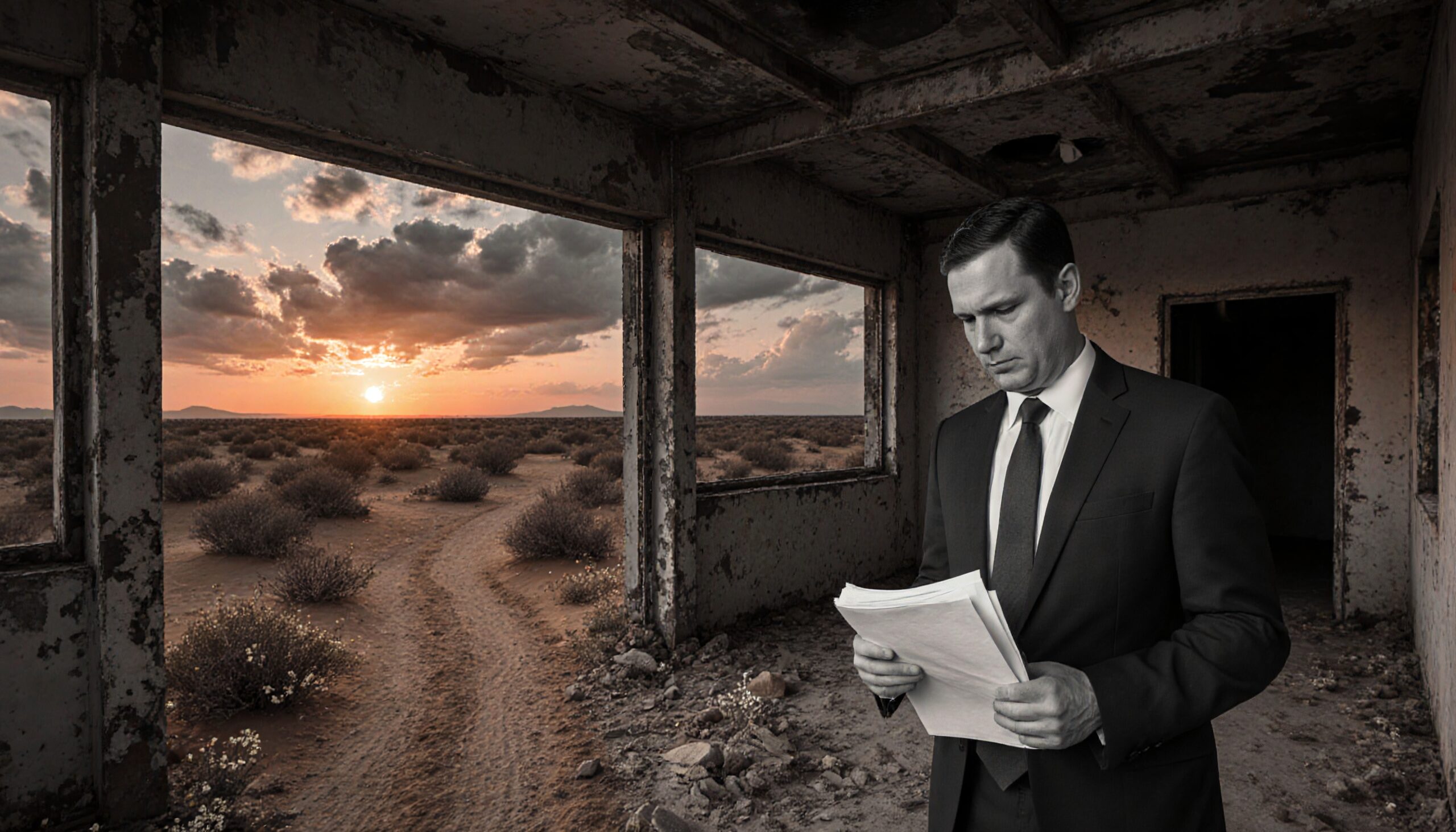 A man in a suit stands thoughtfully in an abandoned building, holding papers as the sunset illuminates a desert landscape outside.