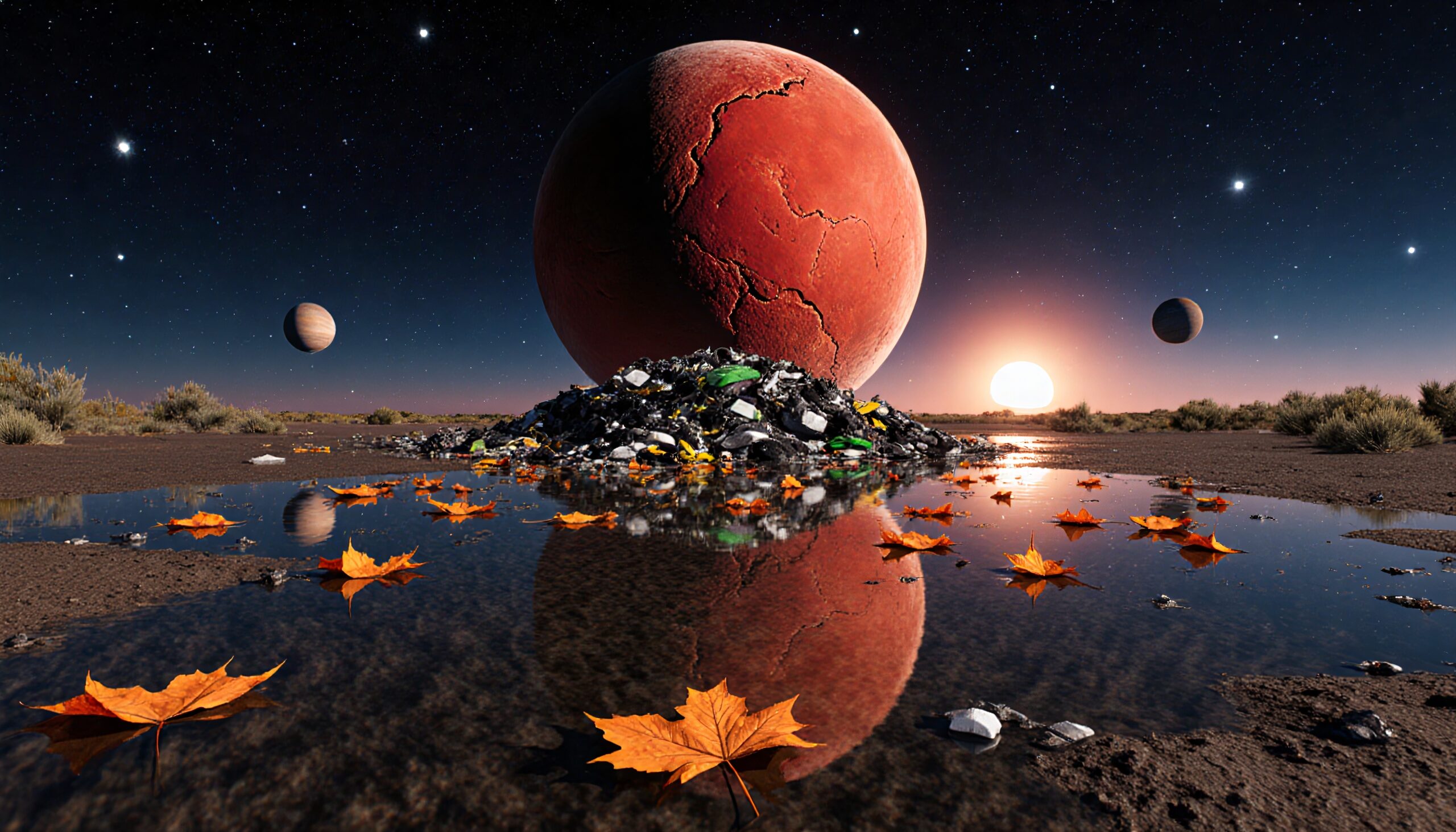 Surreal landscape with red planet, e-waste, and floating autumn leaves.