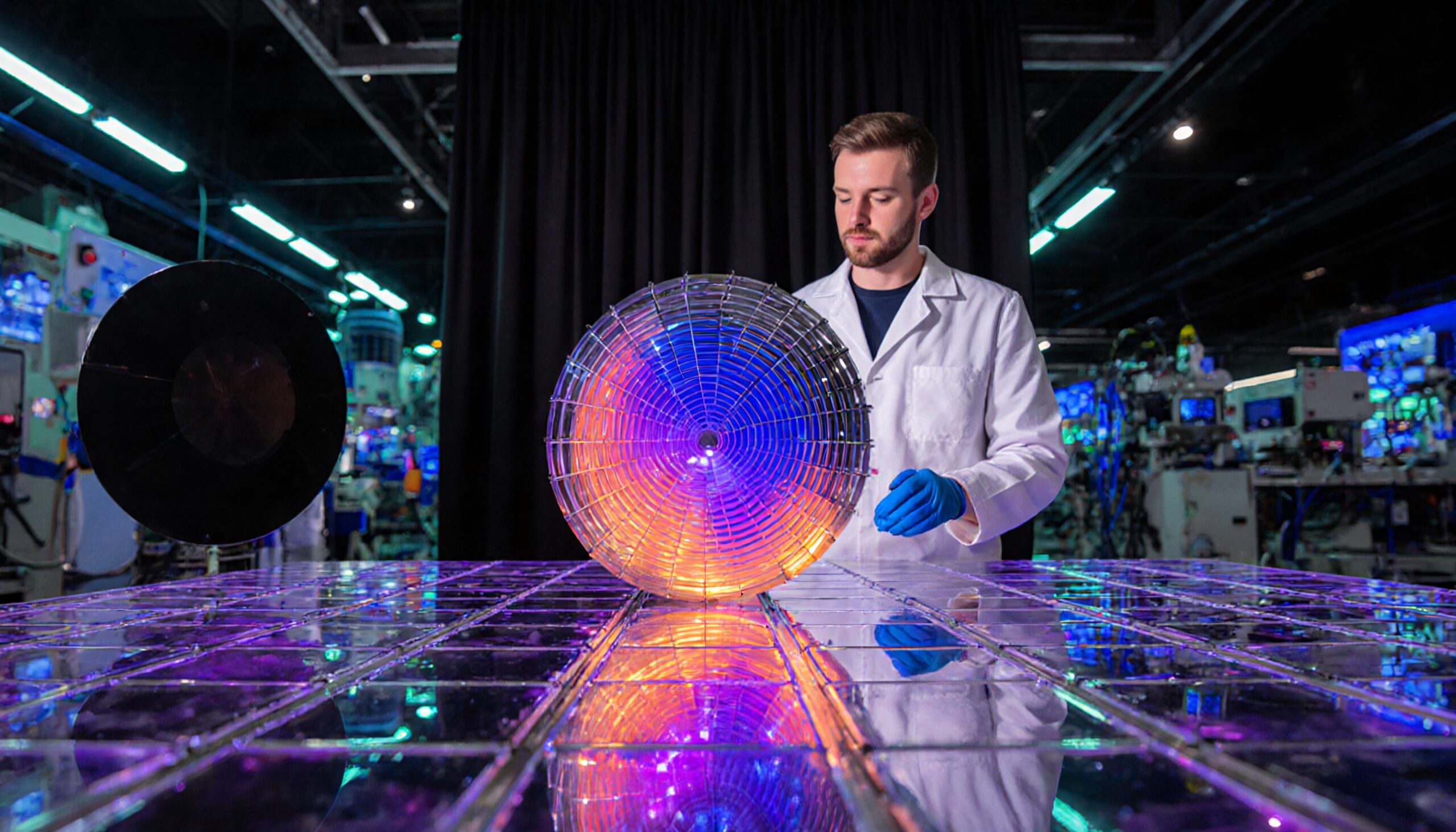 A scientist examines a glowing, spherical metal structure in a high-tech lab.