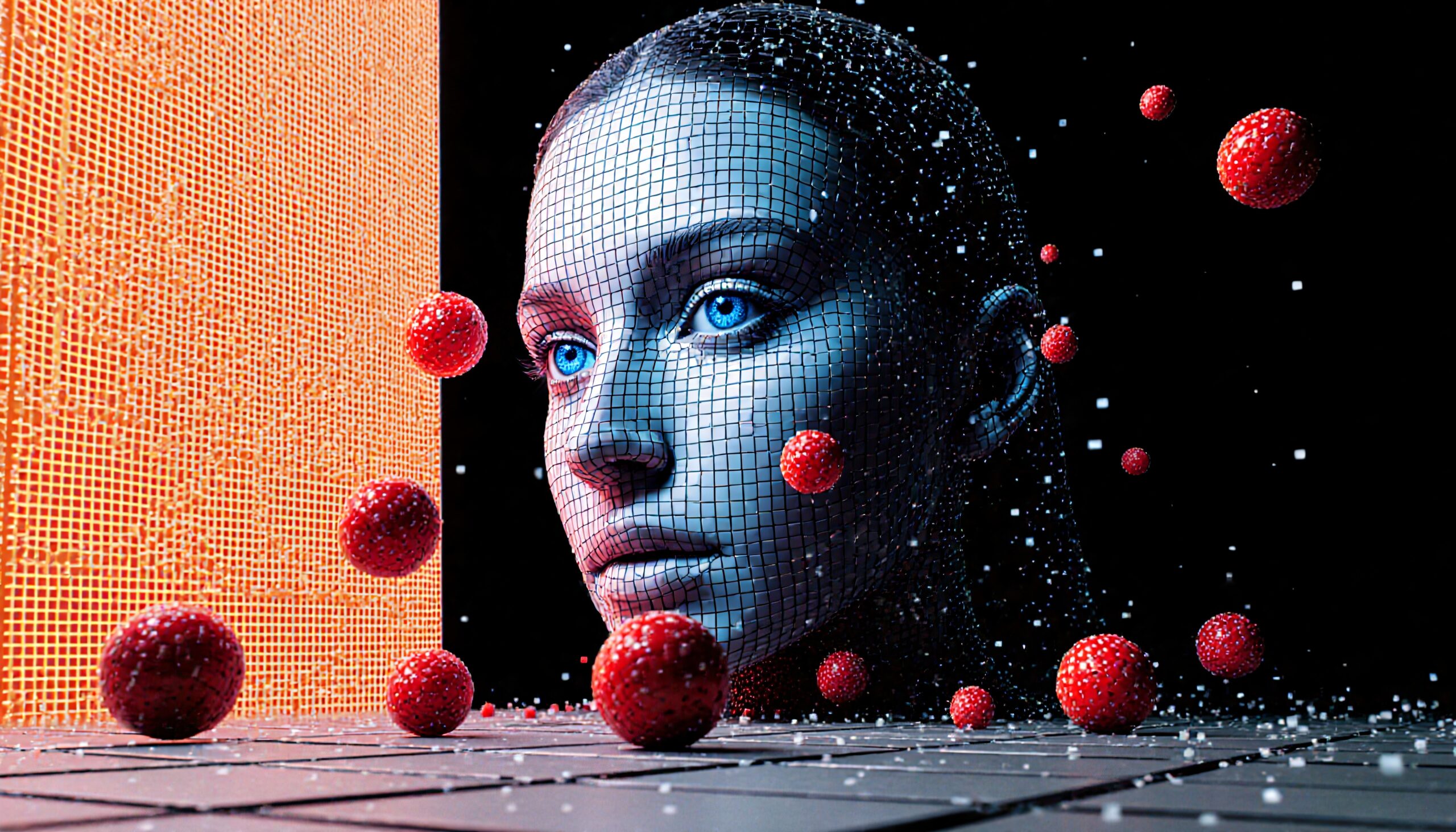 A digital face in a futuristic abstract setting with floating red spheres.