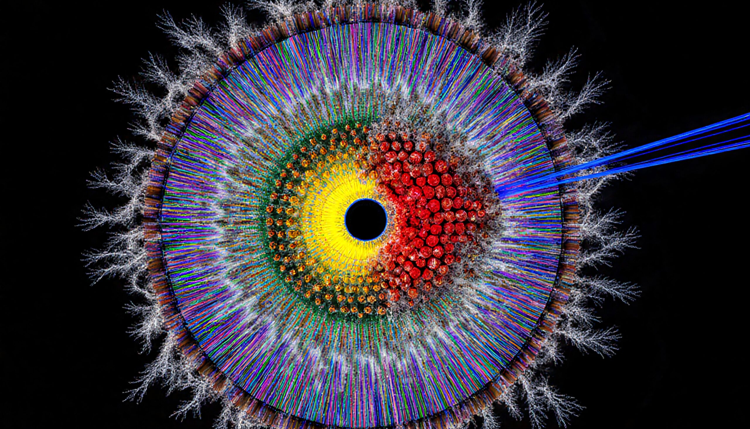 A vibrant, detailed microscopic pattern resembling a plant or organism cross-section in stunning colors.