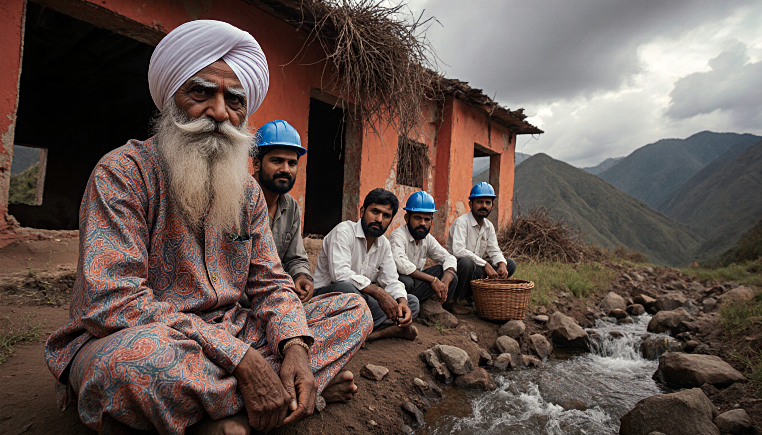 Elderly man with turban, workers in blue helmets, rural setting, and mountains.