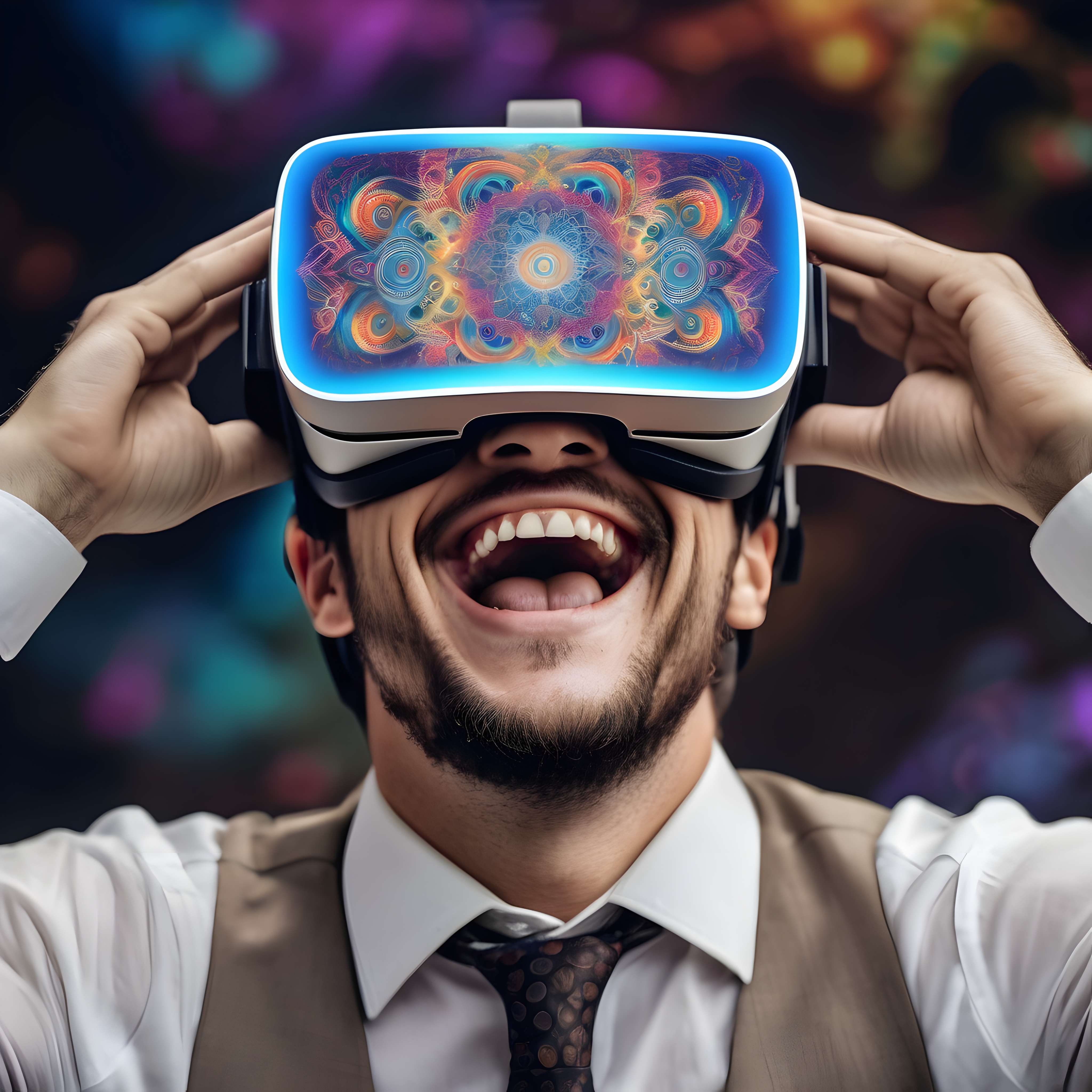 Ecstatic Man Experiencing Vibrant Virtual Reality in Kaleidoscopic Color Explosion.