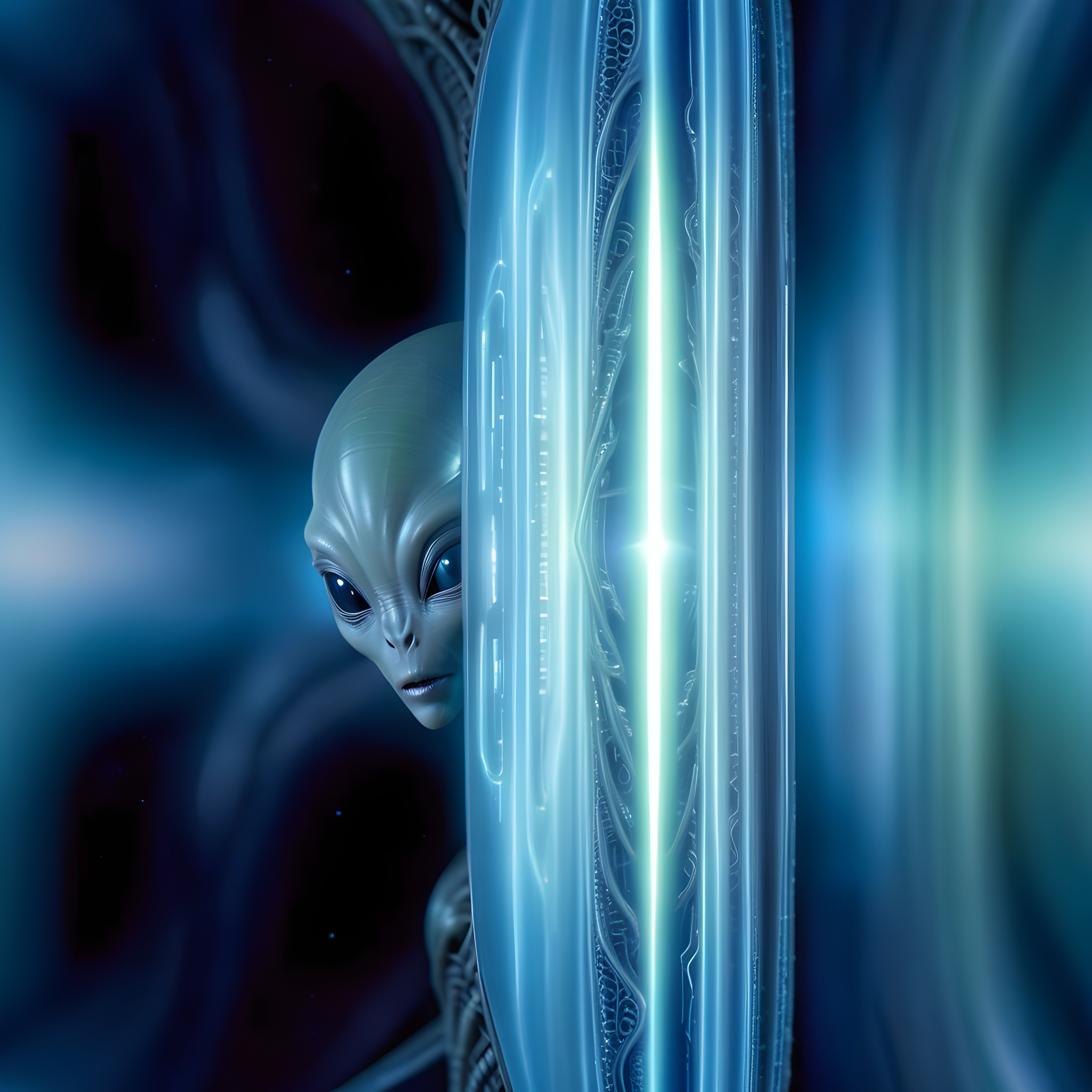 A curious alien looks out from behind a glowing futuristic barrier, set in a dark and mysterious space environment.