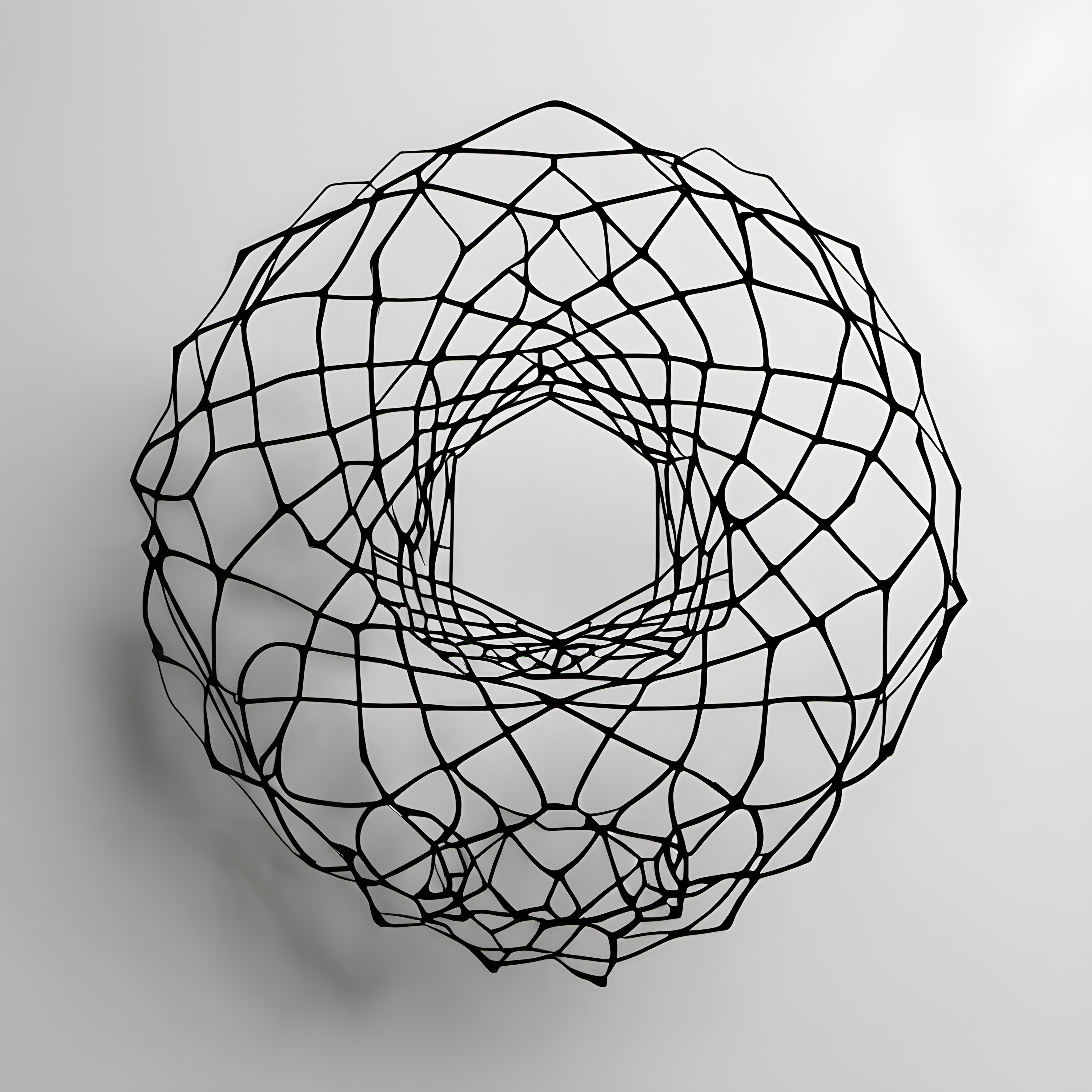 A black geometric wireframe sculpture casting shadows on a white background.