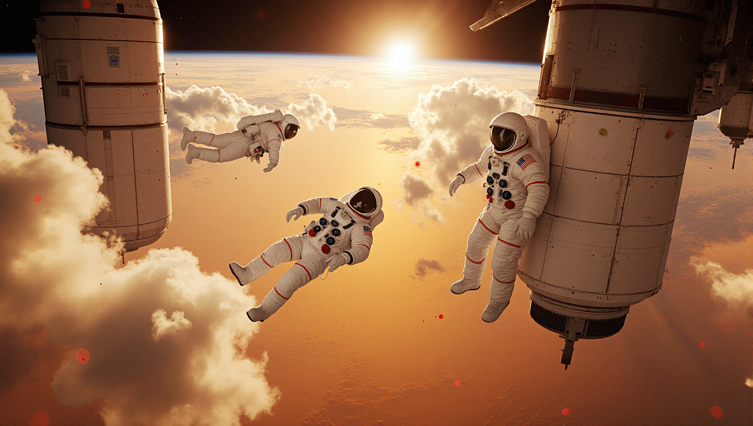 Three astronauts floating in space, performing a spacewalk against a sunset backdrop over Earth, highlighting exploration and teamwork in zero gravity.