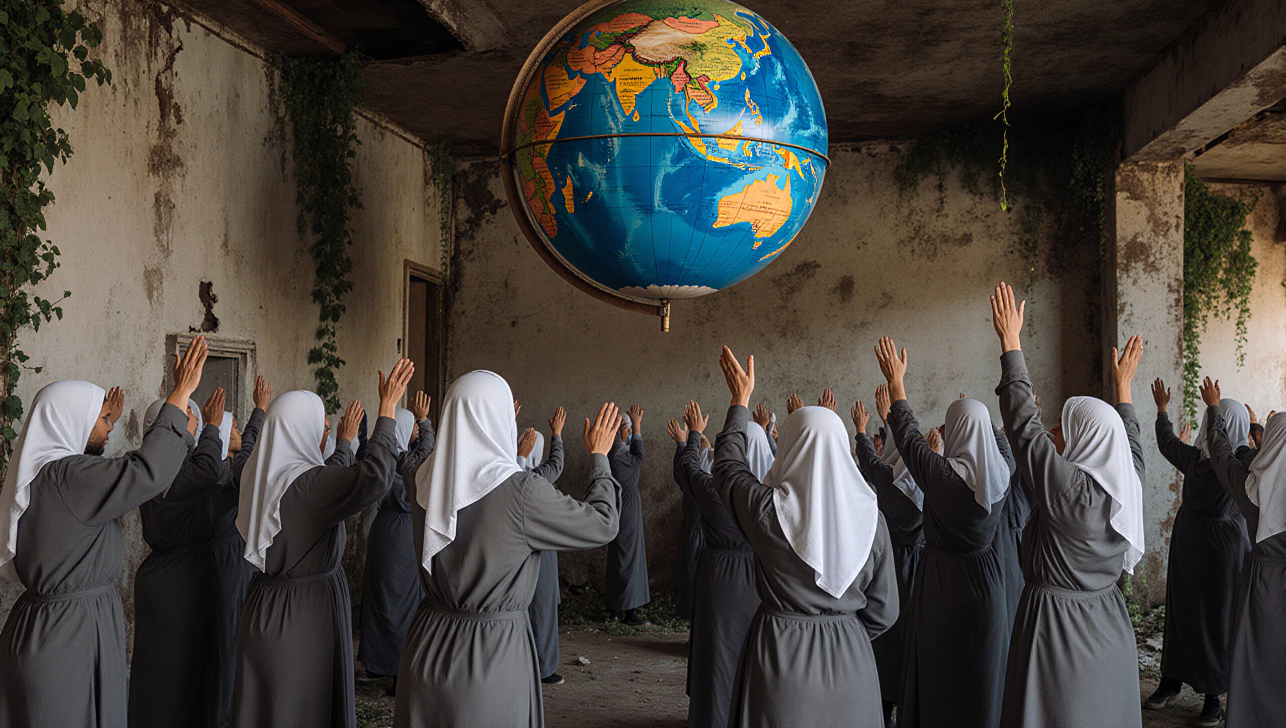 Women in robes raise hands towards suspended globe in aged room.