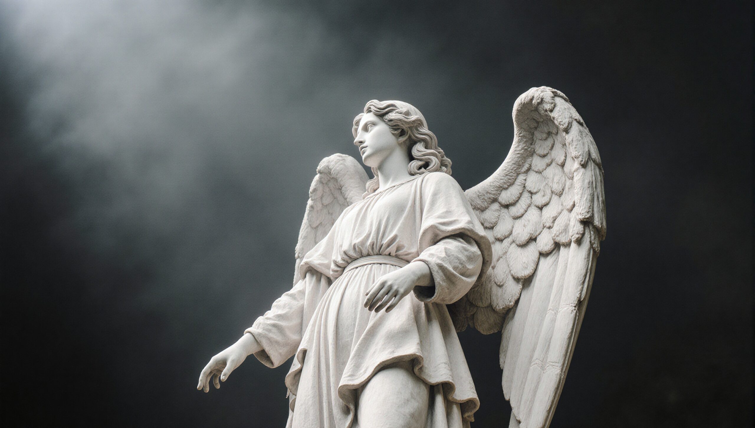 Majestic angel statue with detailed wings and serene expression against a dramatic cloudy background.