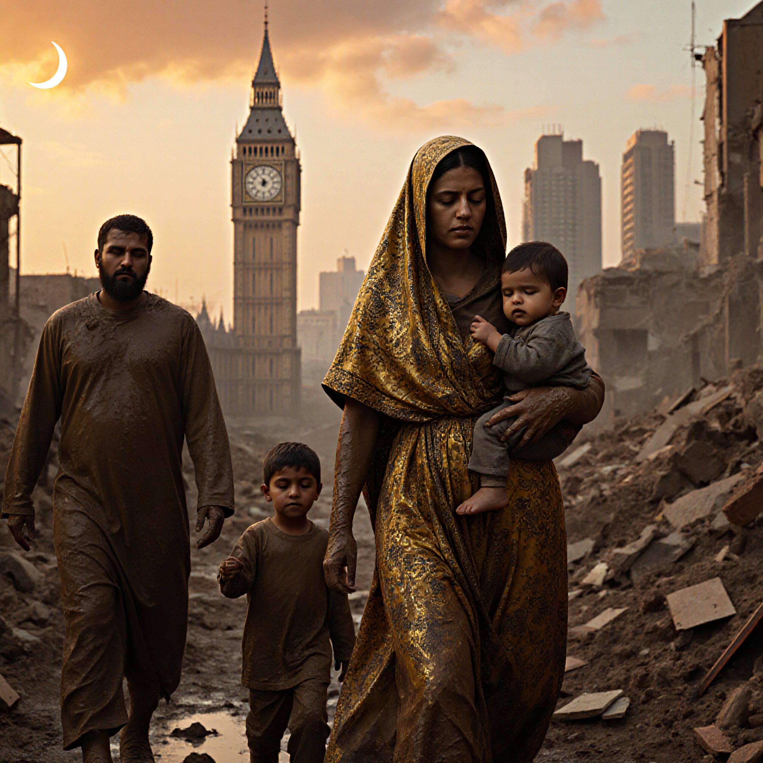 A family walks through a war-torn landscape with Big Ben in the background, symbolizing resilience amidst urban decay.