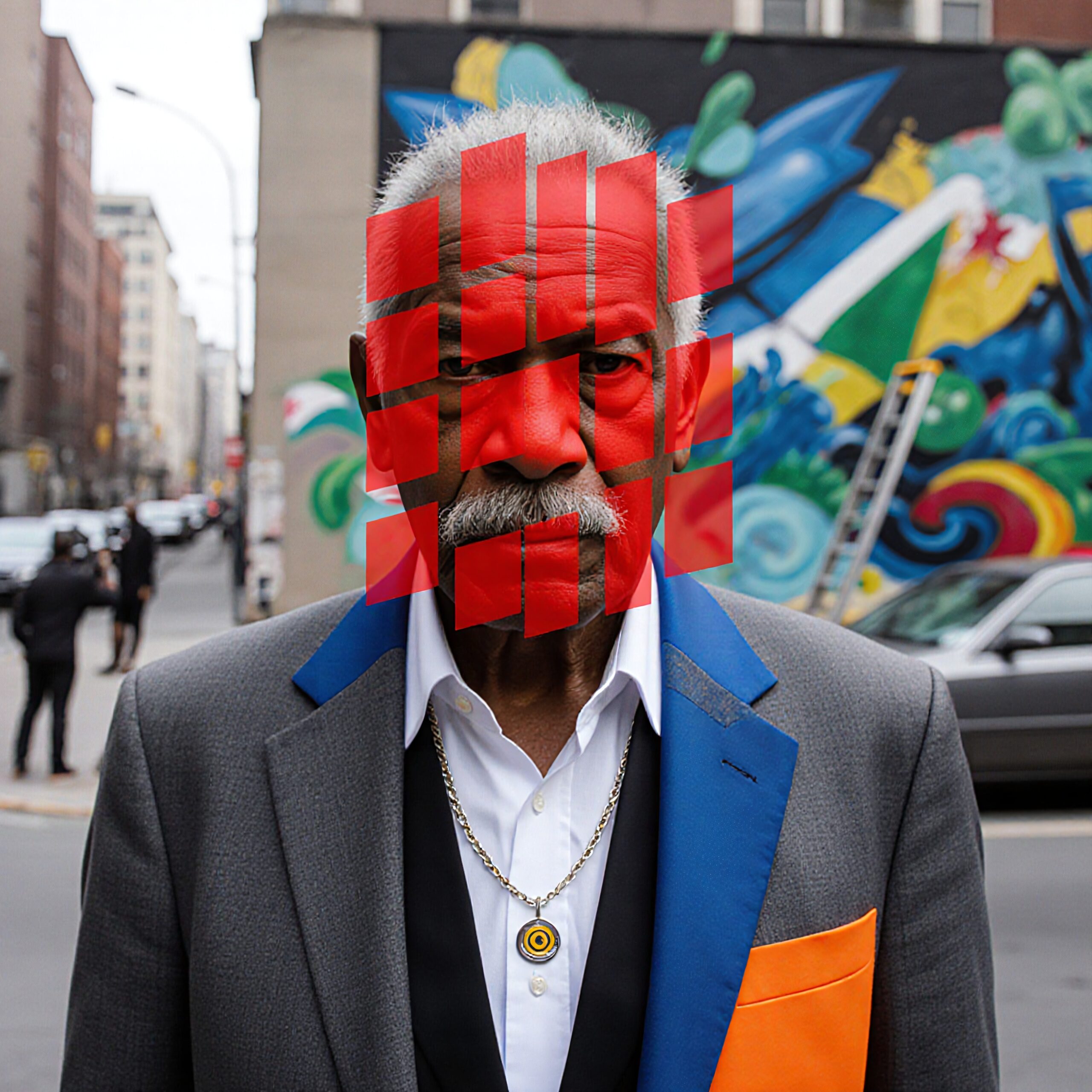 An elderly man in a suit with a red geometric pattern overlaid on his face stands before a colorful mural in a bustling urban setting.