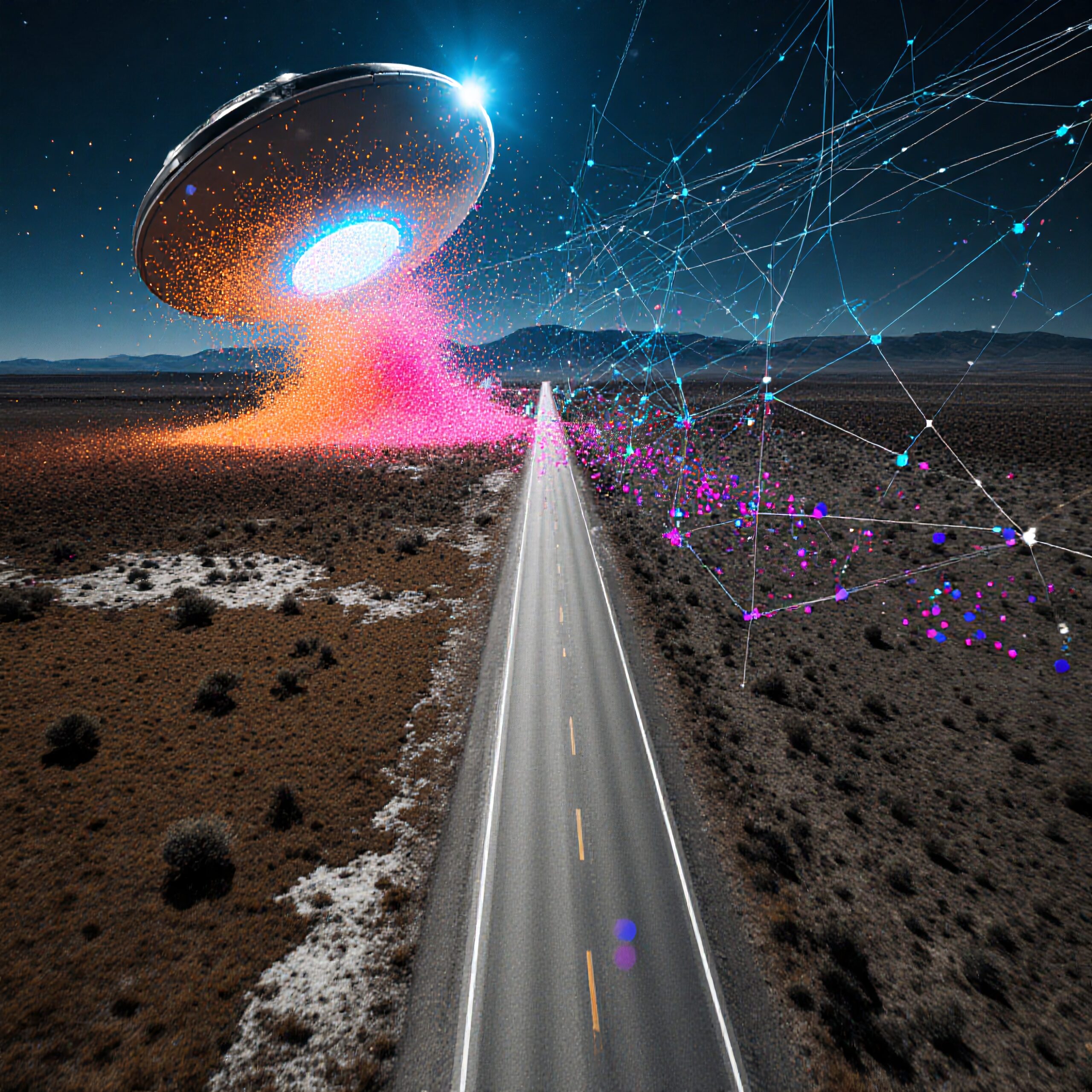 A futuristic UFO emits colorful particles over a desert road against a starry night sky.