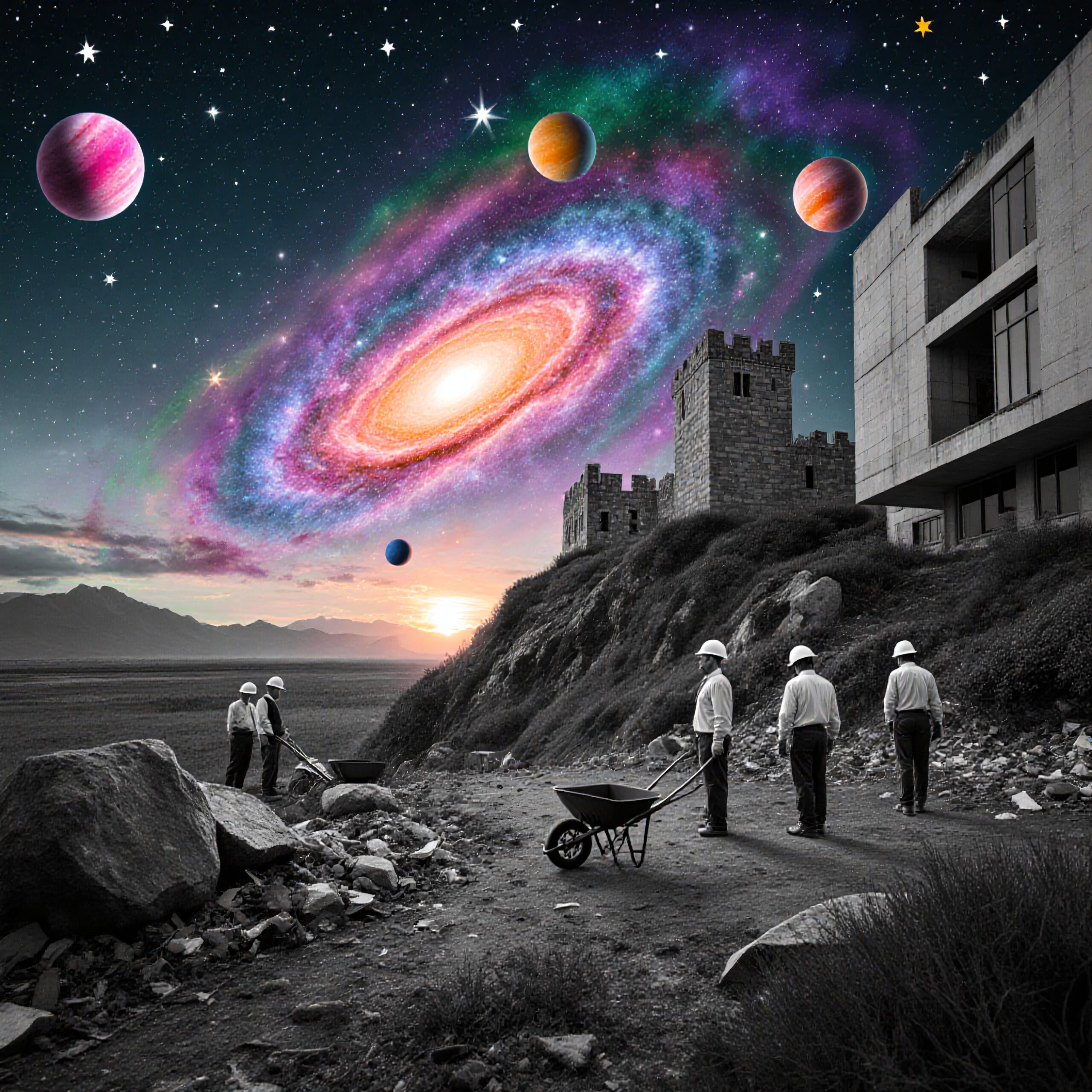 Surreal scene of workers beneath a vibrant, colorful galaxy with planets and contrasting black-and-white landscape.