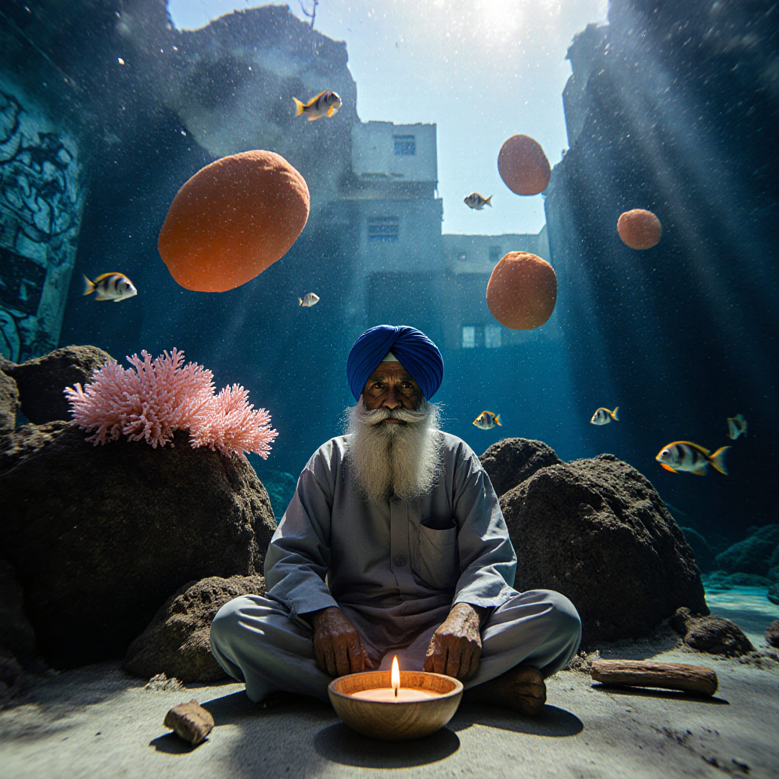 A man meditates underwater surrounded by fish and corals.