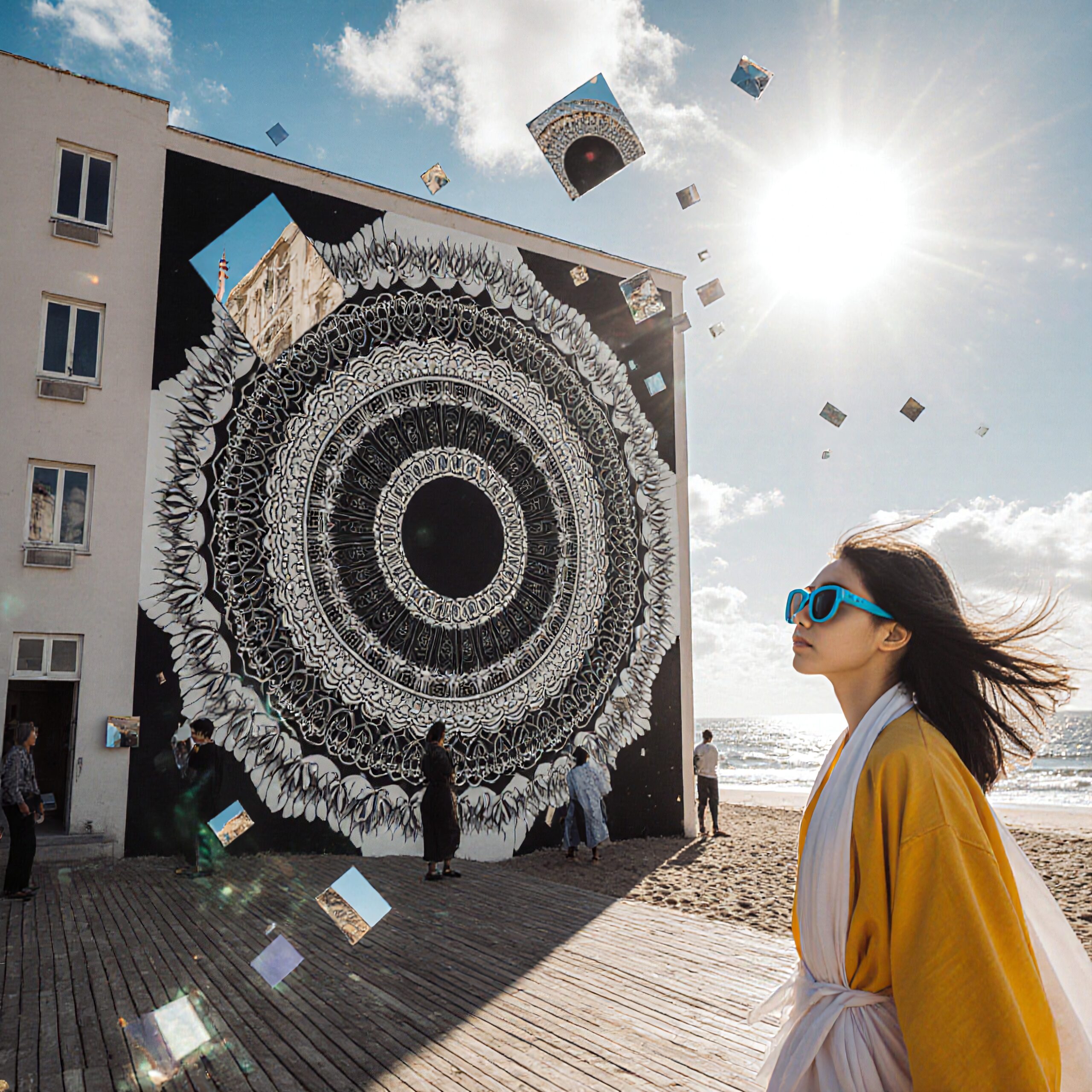 A person admires a large mandala mural on a seaside building, with mirrored cubes floating in sunlight.