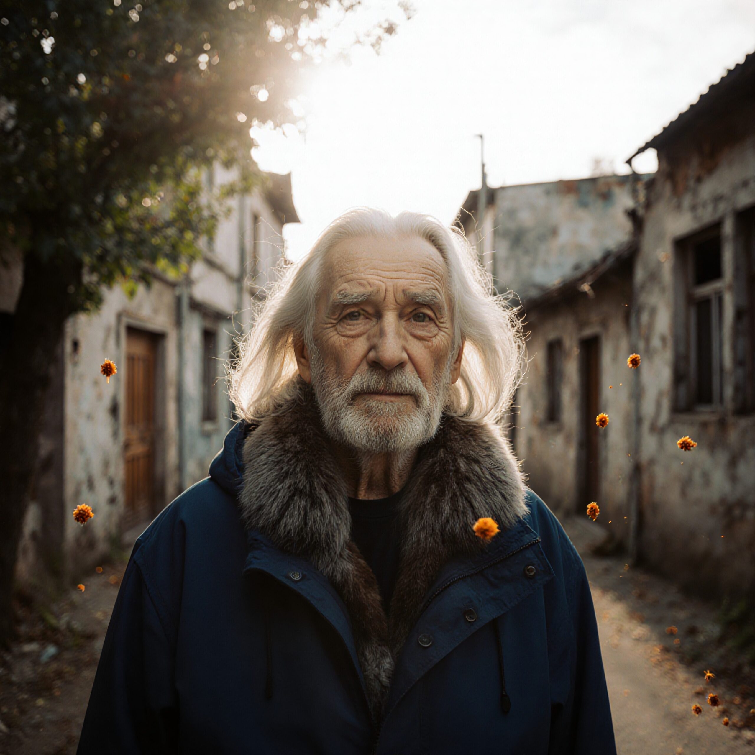 Portrait of an elderly man standing outside in a rustic street at sunset, wearing a coat with fur collar and surrounded by floating flowers or particles.
