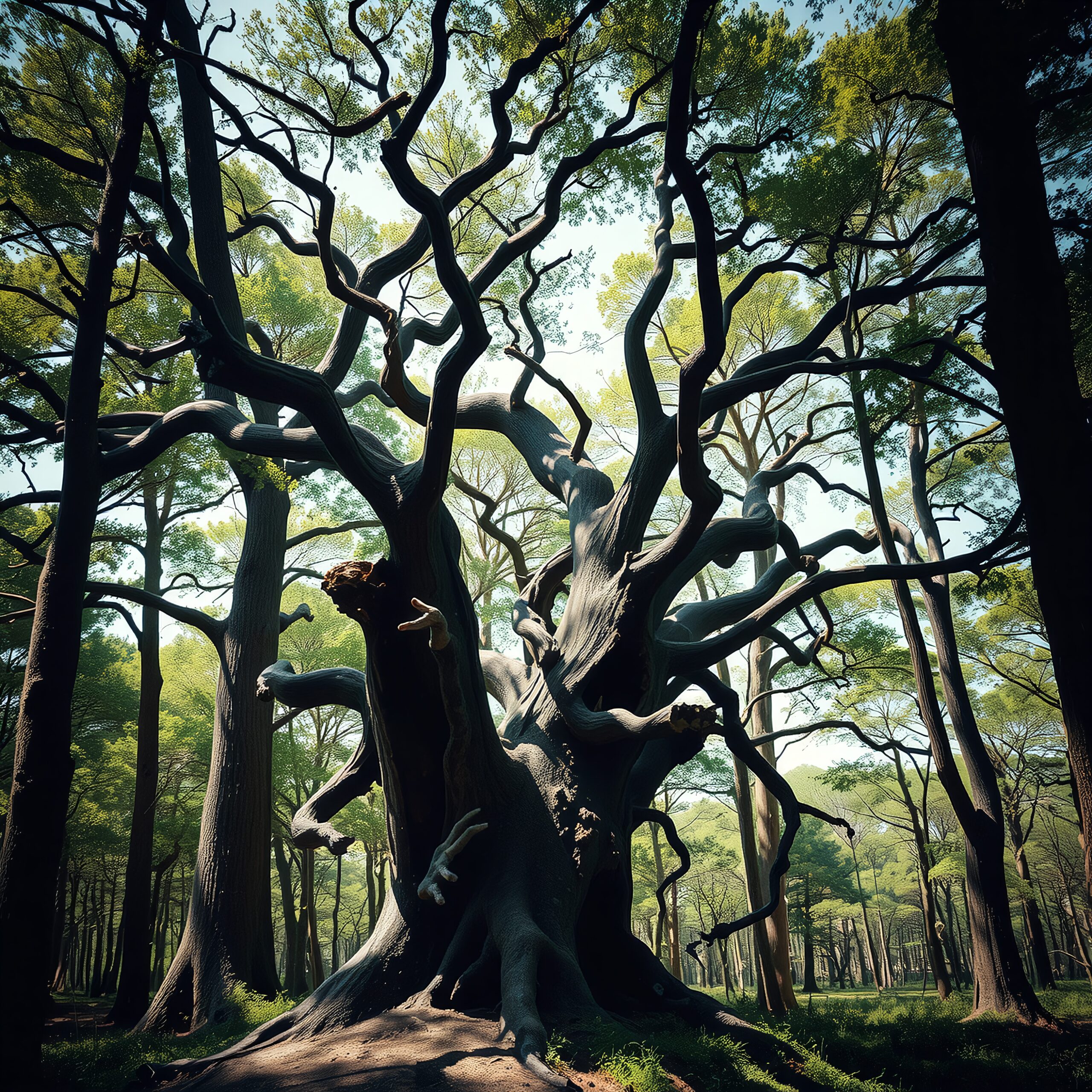 A magnificent ancient tree in a sunlit forest with twisting branches and rich greenery.