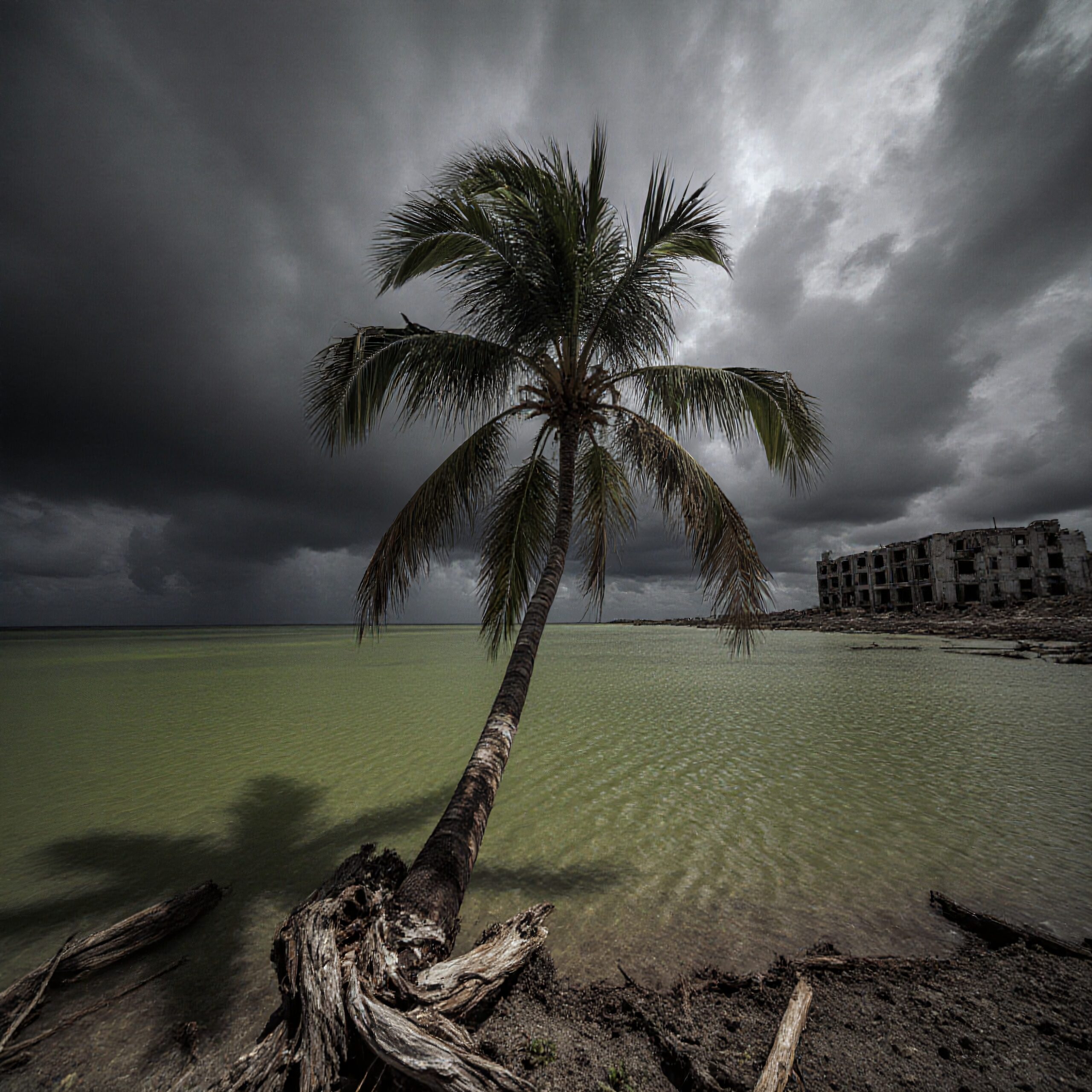 Palm tree on a stormy shoreline with abandoned building in background.