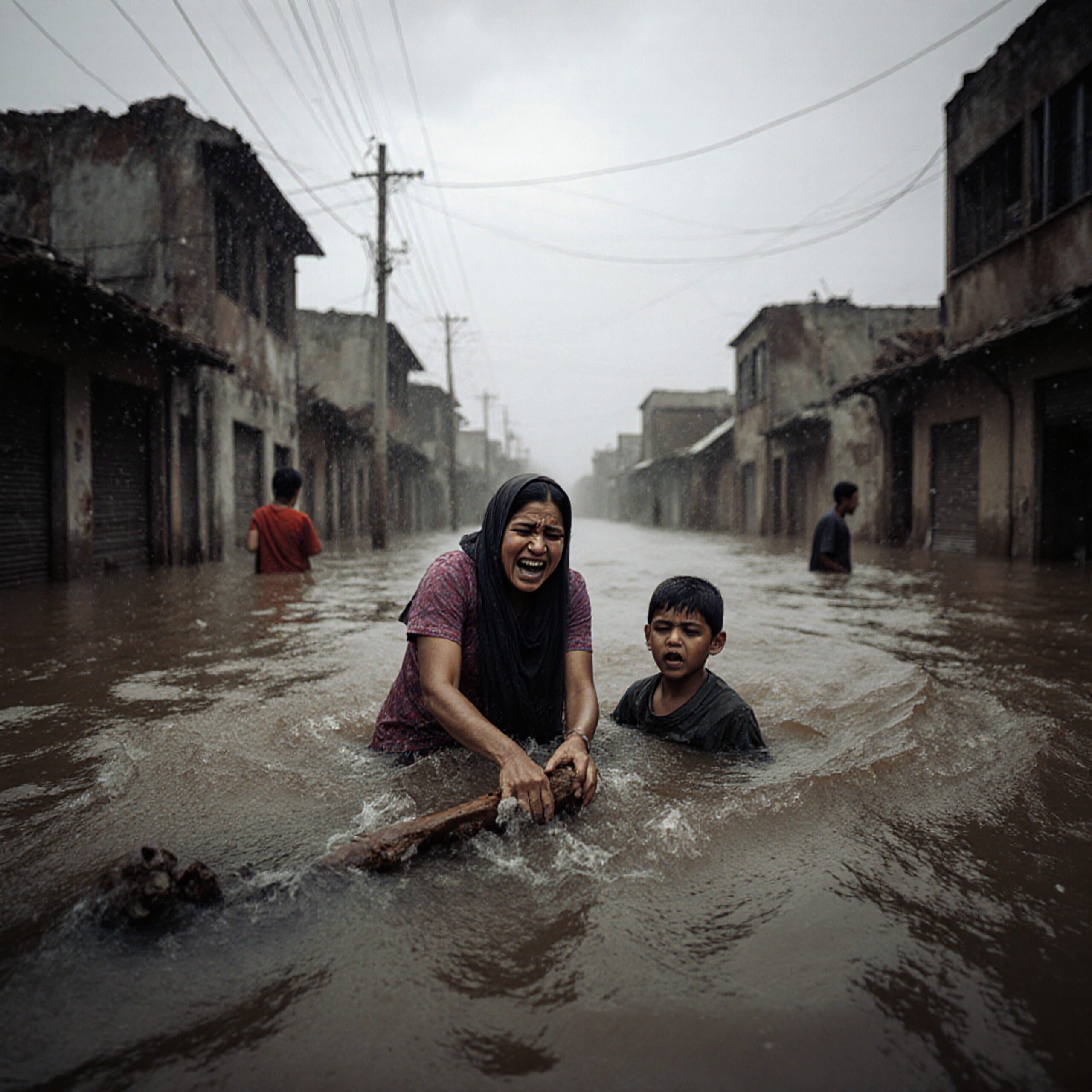 A worried woman and child navigate floodwaters on a devastated street.