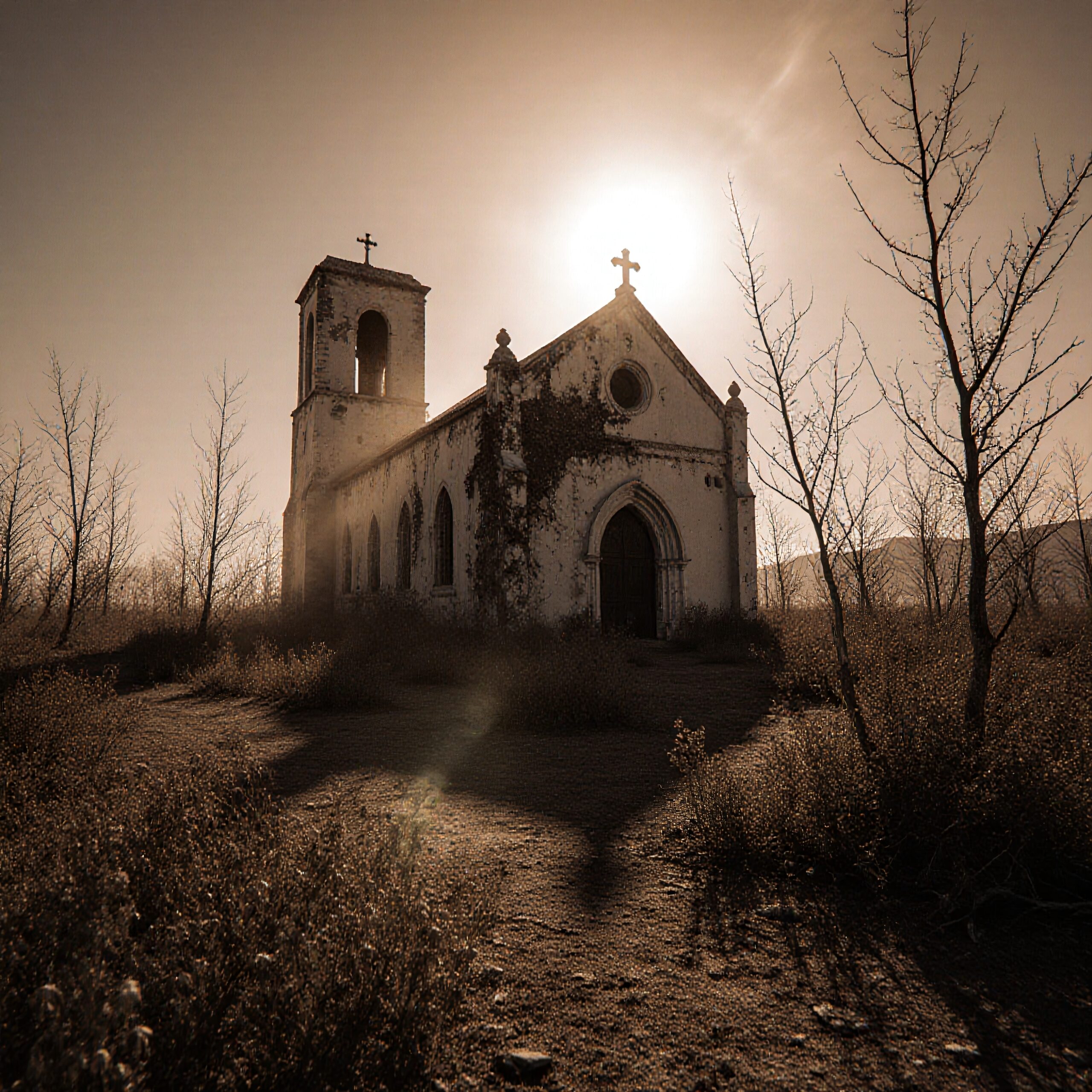 "Sepia-toned image of an abandoned church with sunlit halo, surrounded by barren trees and ivy."