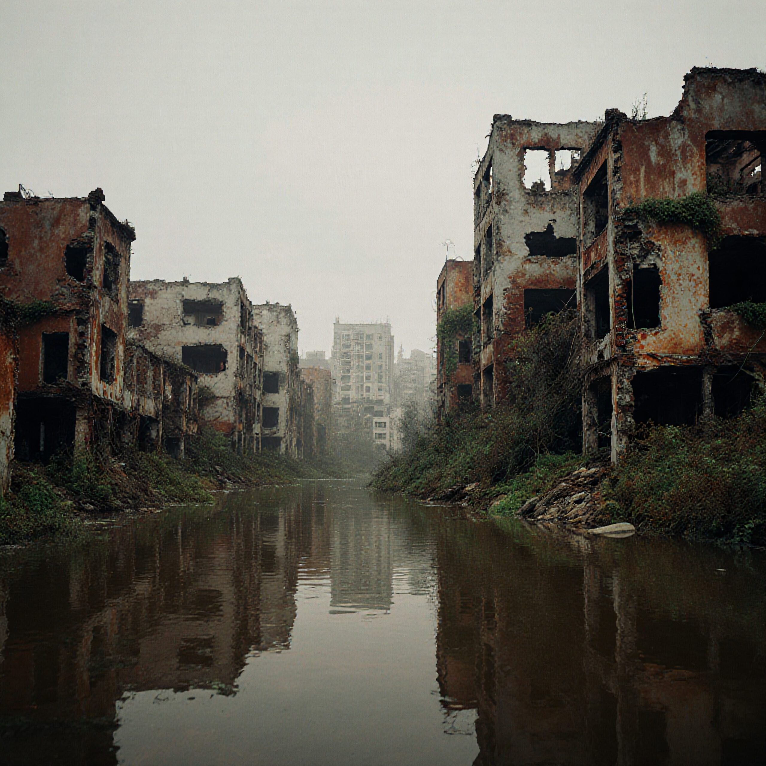 Abandoned buildings with reflective waterway, overgrown vines, and gloomy atmosphere.