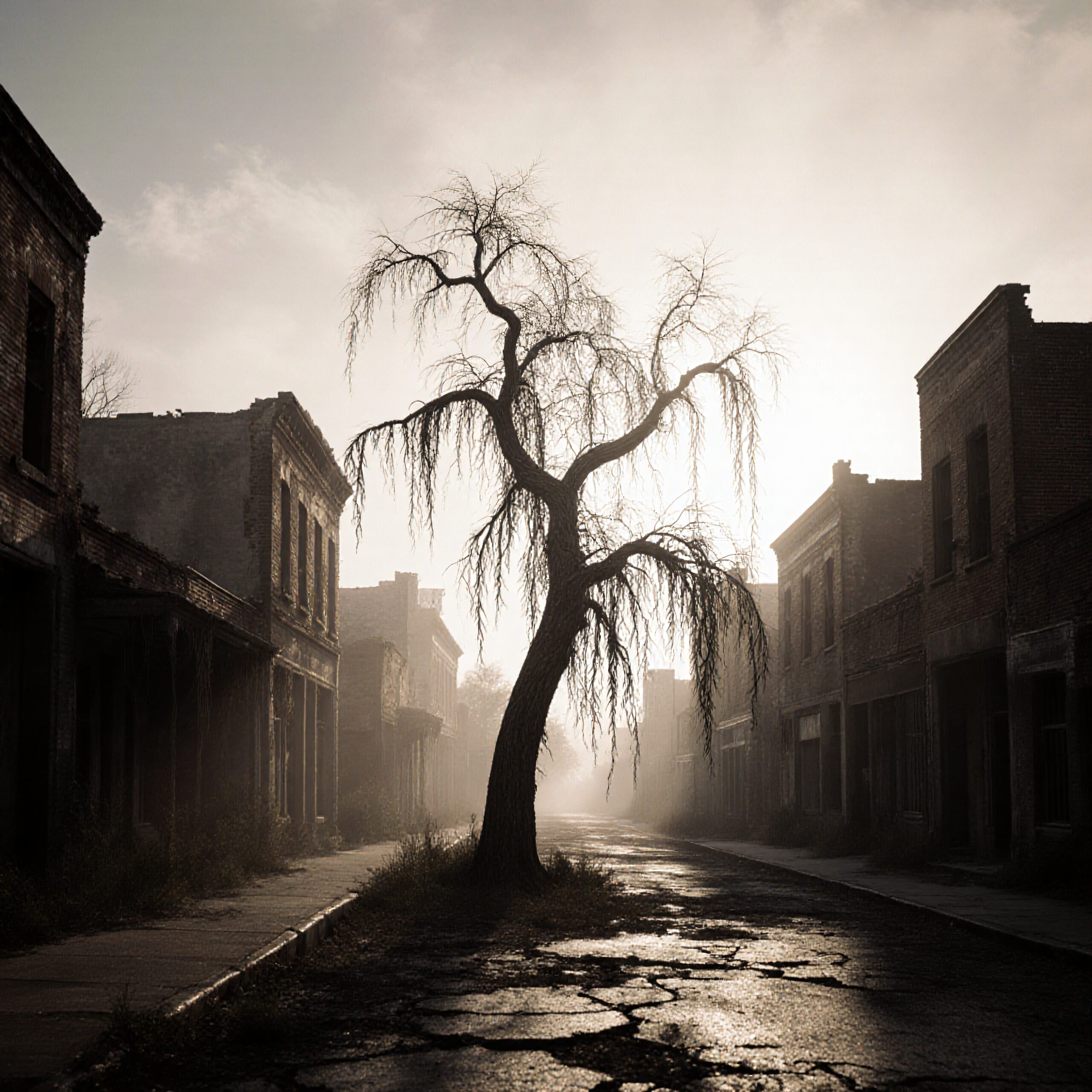A solitary, gnarled tree stands in the center of an abandoned, fog-shrouded street, flanked by dilapidated buildings that exude an atmosphere of eerie desolation.
