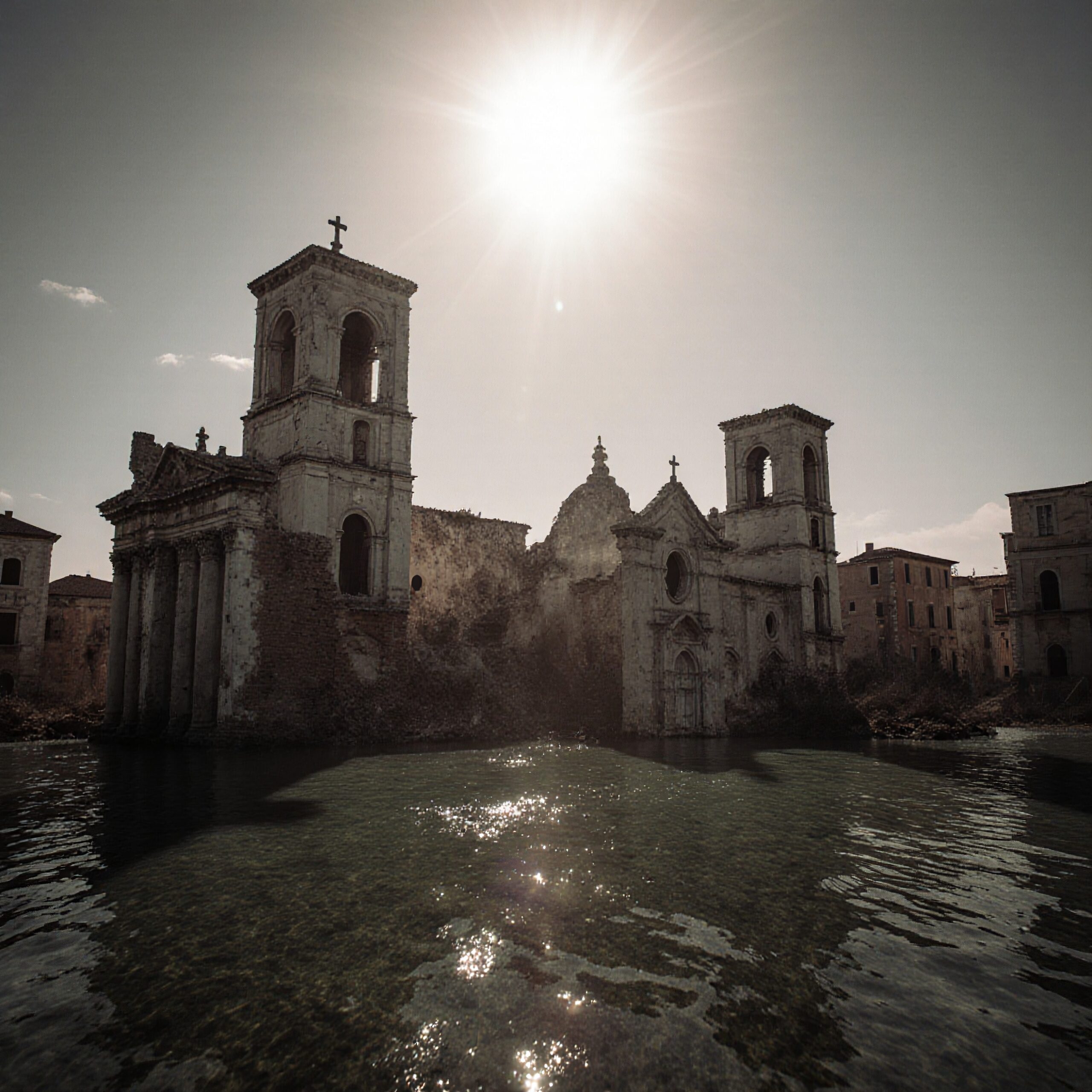A sunlit, abandoned church with reflections.