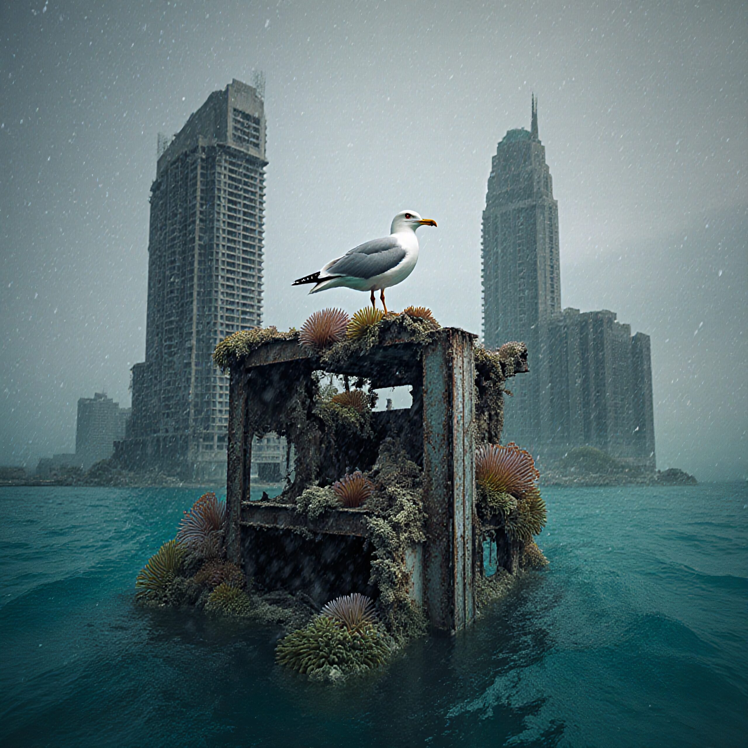 A seagull stands on an ocean-covered rusted structure with city ruins in the background.