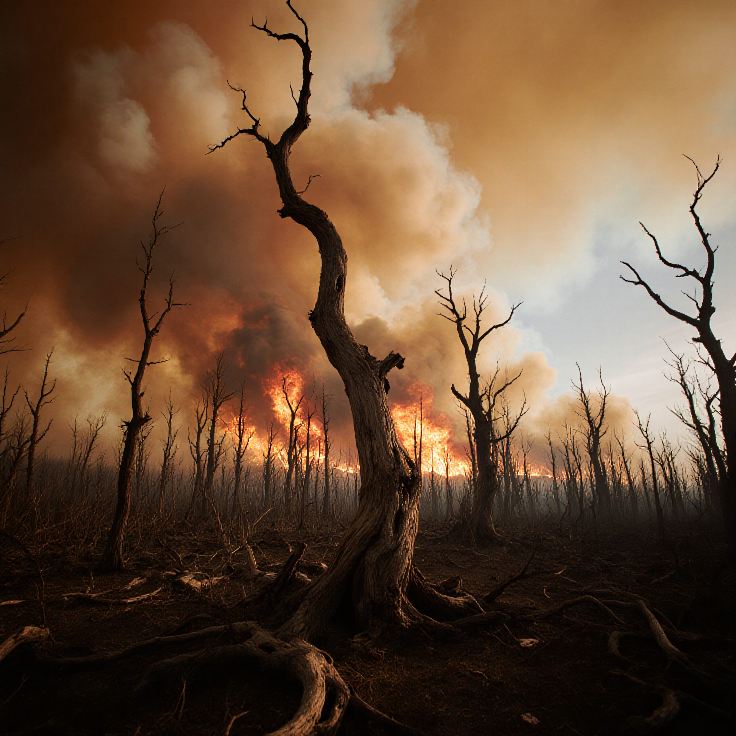 Dramatic scene showing a fiery forest fire with smoke and leafless trees.
